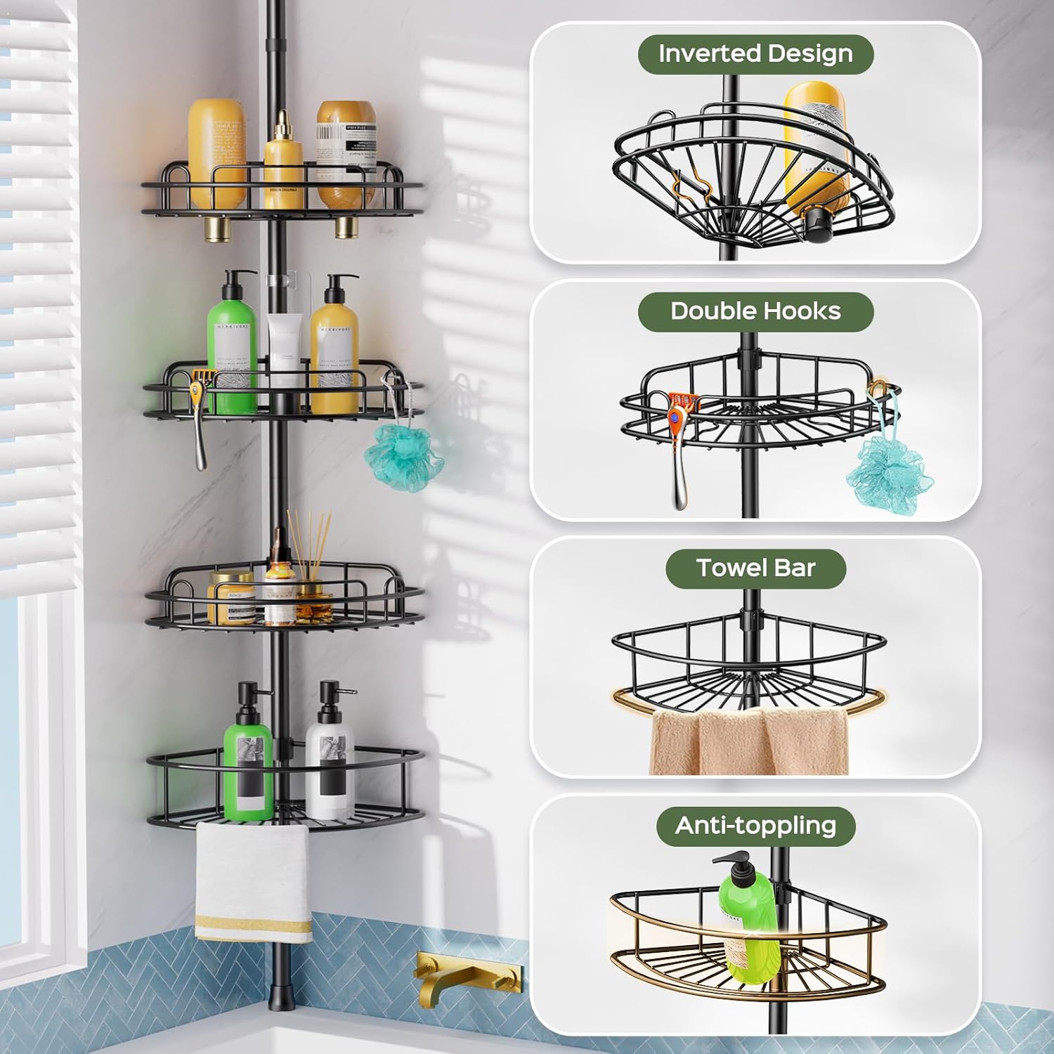 HAMITOR Shower Caddy Tension Pole: 4-Tier Rustproof Bathroom Corner Shelf Organizer for Renters - No Drill Large Shampoo Storage Rack - Adjustable 47-121 Inch - Space Saving Bathtub Accessory - Black