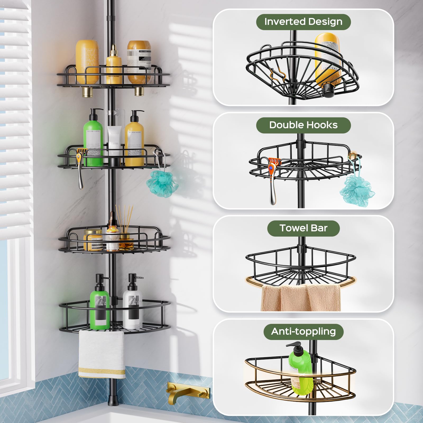 HAMITOR Shower Caddy - No Drill, Rustproof! -5