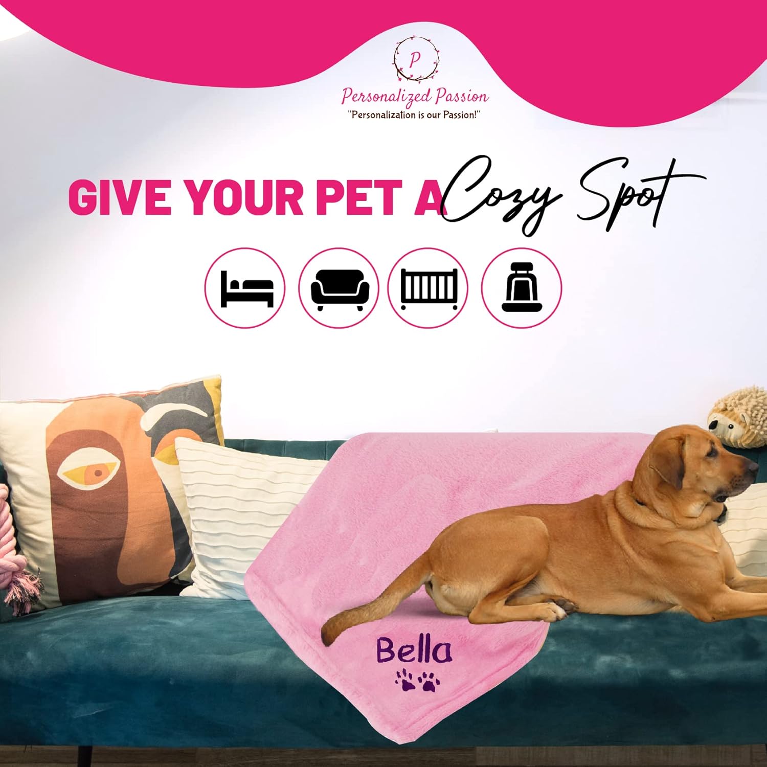 Personalized Passion Dog Blanket with Embroidered Name and Paws - Soft, Comfortable and Cozy for Couch, Bed, Car - Water Resistant Pet Fleece Blanket for Dogs and Cats - Pink - 50x60 Inches