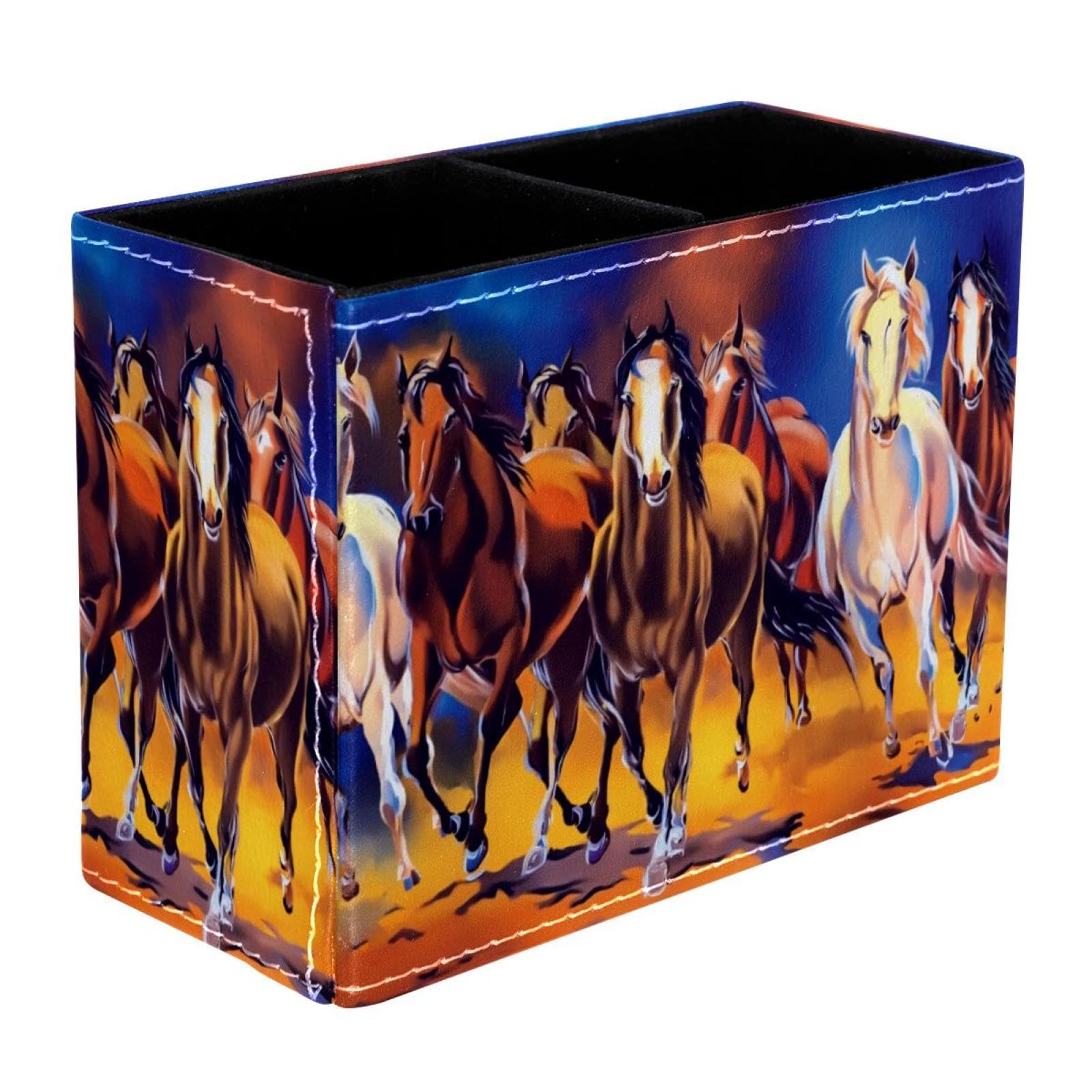 VAPOKF Running Horses Pen Holder for Desk, 2 Compartments Pen Pot Pencil Holders Makeup Brushes Storage Desktop Stationary Supplies Organiser for Home Office