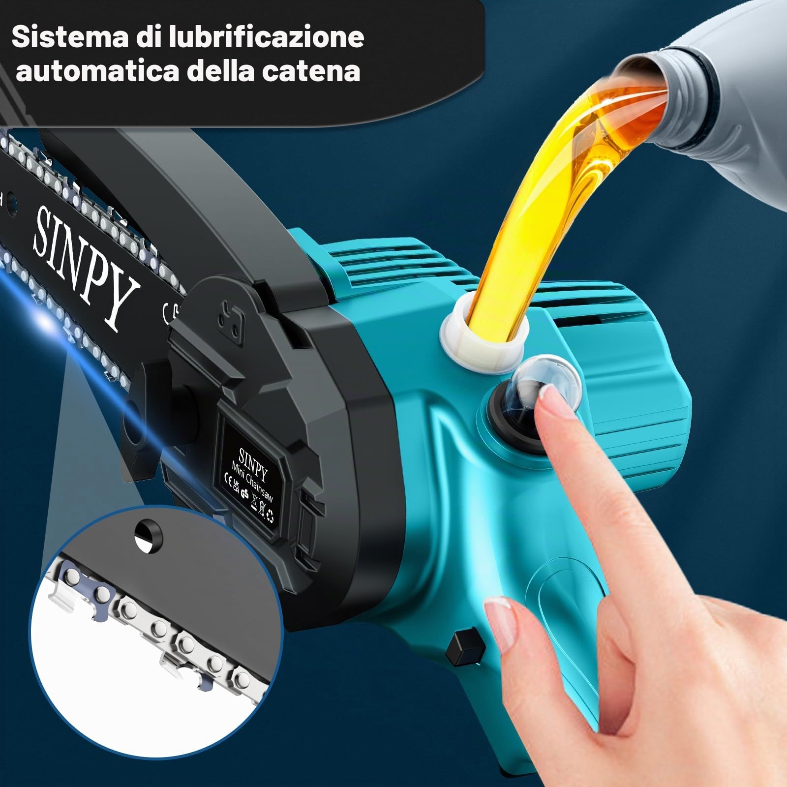 6 Mini motosega a batteria con 2 batterie da 4000 mAh, mini motosega elettrica con sistema di lubrificazione, motosega elettrica per alberi, giardino, taglio del legno