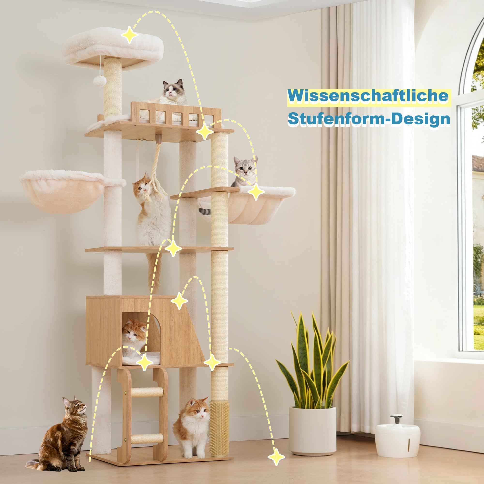 Hey-brother Albero per Gatti in Legno Moderno, Tiragraffi per Gatti 184 cm, Multinivello Stabile con Piattaforme Grandi, Amaca, Nido Spazioso, Pettine per Mantello e Scala, Bianco Rovere MPJ121BT