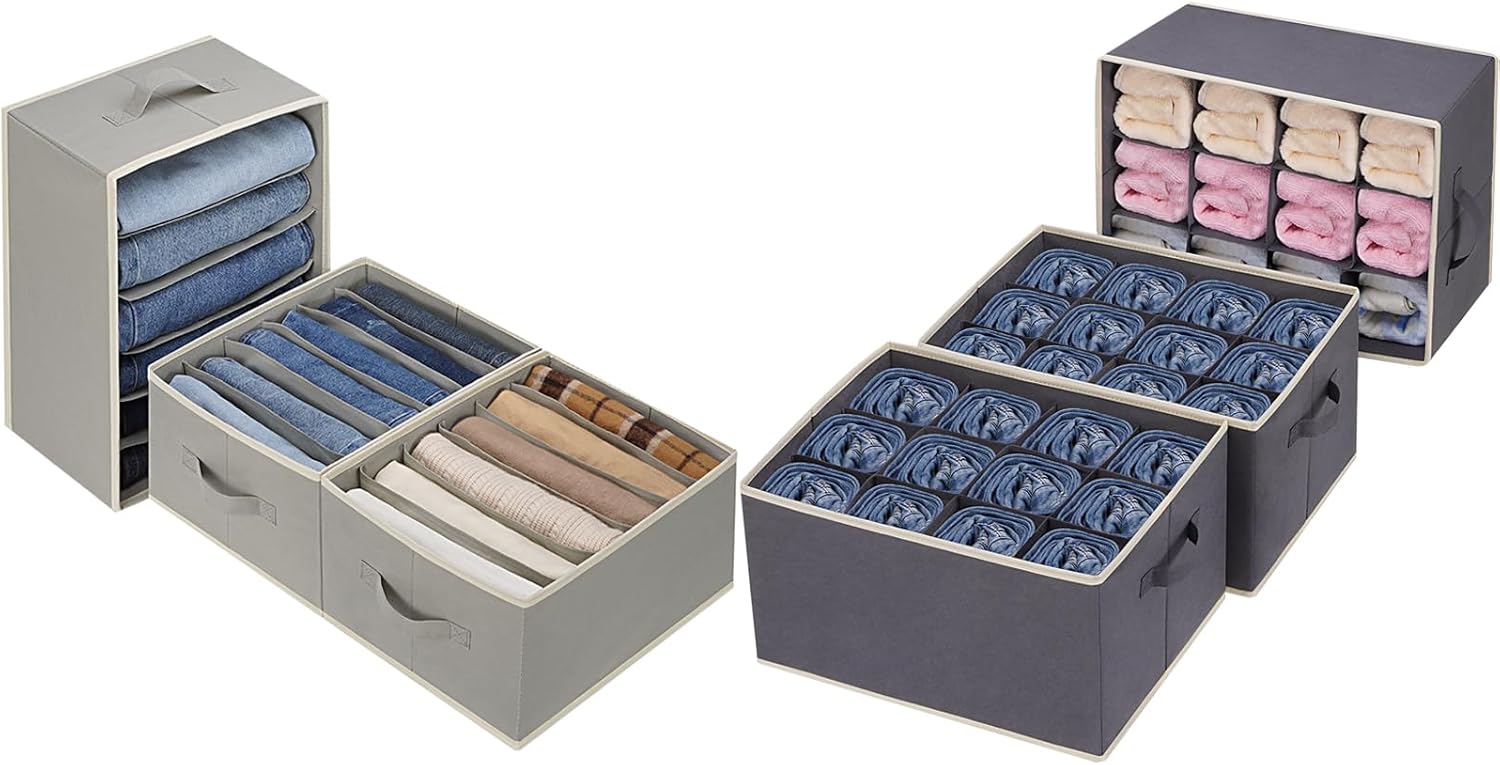 12-Slot Jeans Organizer and 6-Slot Pants Organizer for Clothes, Jeans, Sweater, T-shirt, Dress Stackable for Wardrobe Closet Drawer Organizer Storage Bin Container, Dark Grey & Grey