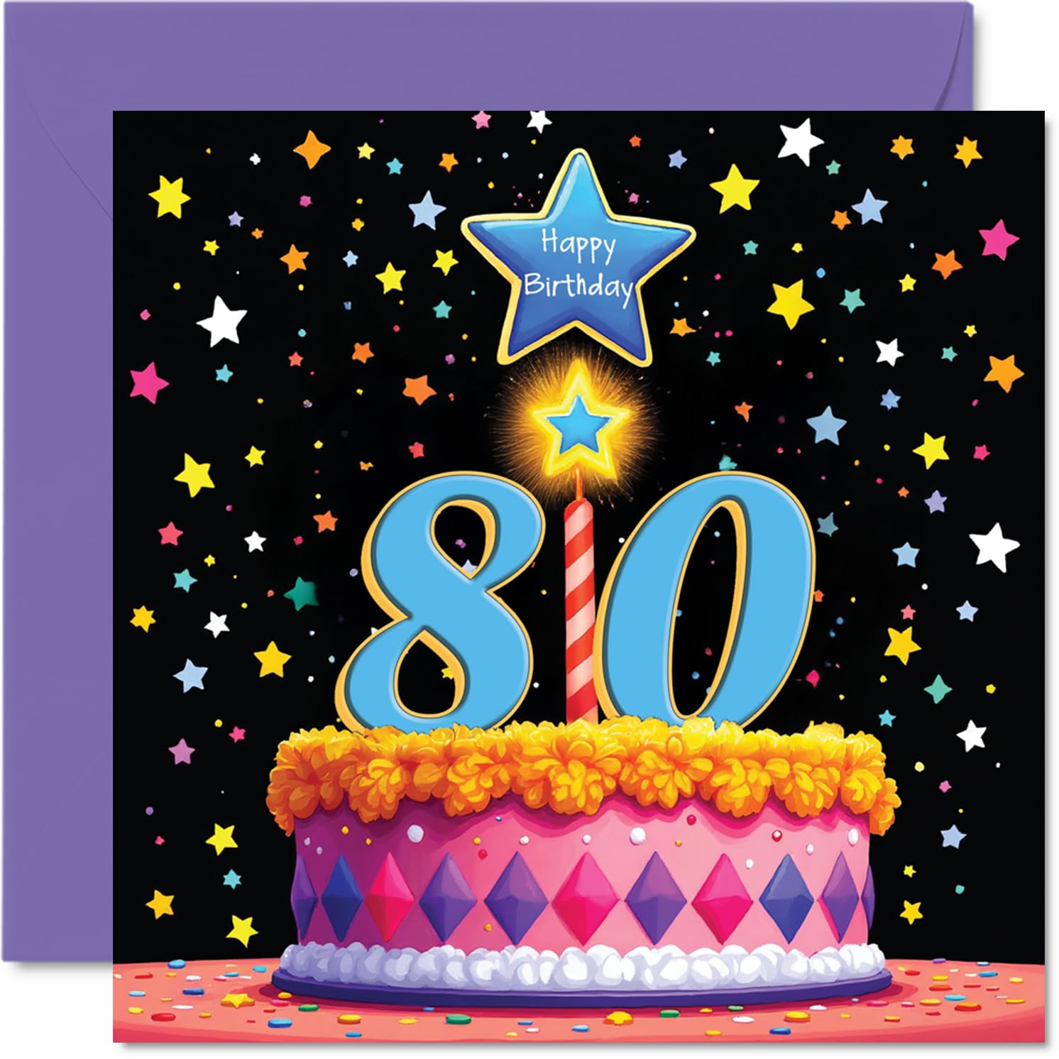 80th Birthday Cards for Women and Men, Pink Cake & Stars