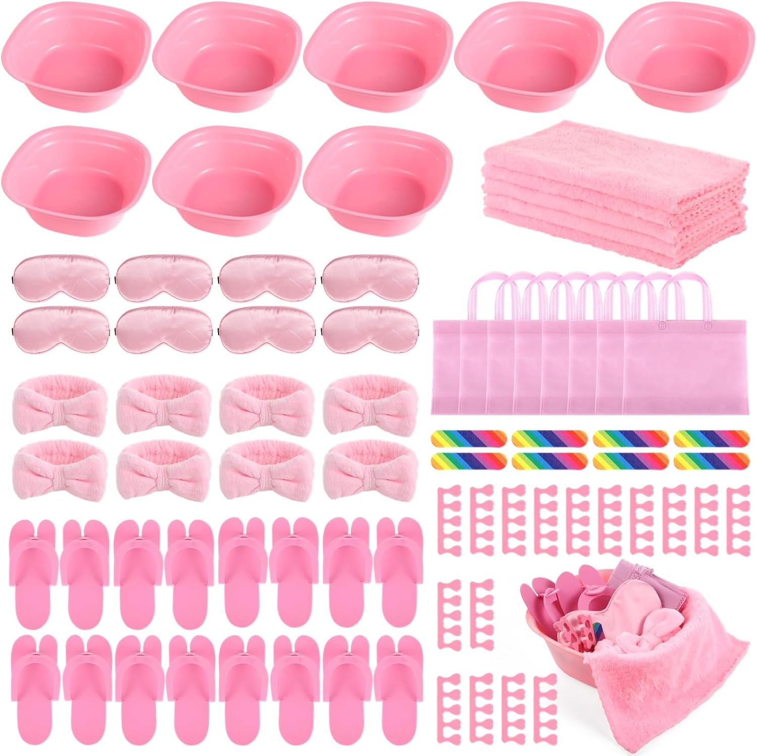64 Pcs Kids Foot Spa Kit for Girl Spa Party with Pink Washbasin Salon Towels Nail Kit for DIY Manicure, Sleepover Party Favors for Little Ones, Foot Care Kit