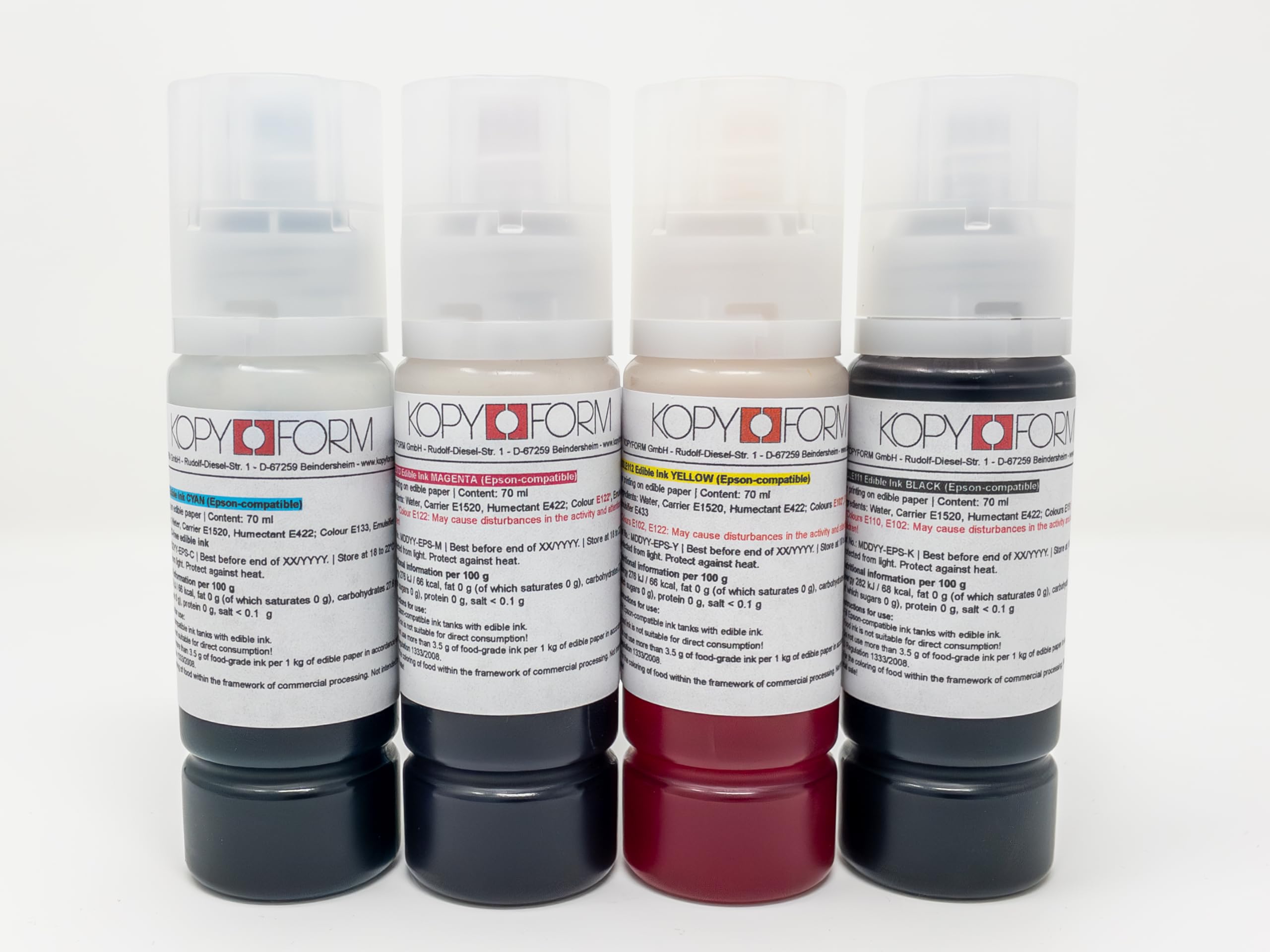 Lebensmitteltinte für EPSON Drucker 4x70ml Set (Schwarz, Gelb, Magenta, Cyan), CISS-Systeme und EcoTank-Drucker der Marke EPSON; mit Adapter für eine leichte Befüllung (KOLE070)
