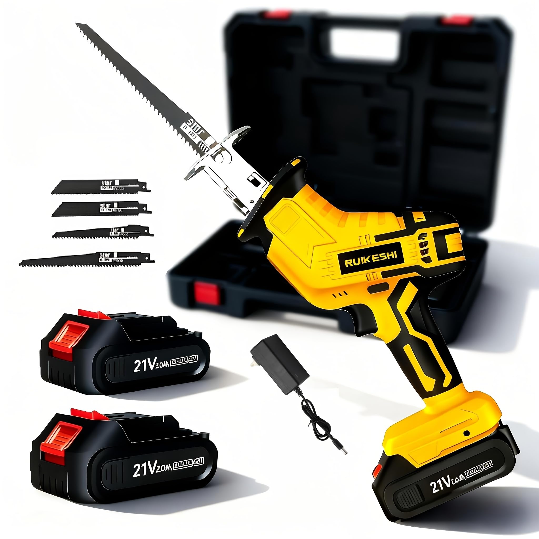 Ruikeshi 21V Cordless Reciprocating Saw, Yellow/Black, Battery Powered, 3000 SPM, with 4 High Carbon Steel Blades, 2 Batteries, Carrying Case for Wood Metal PVC Cutting (Upgraded battery+accessories)