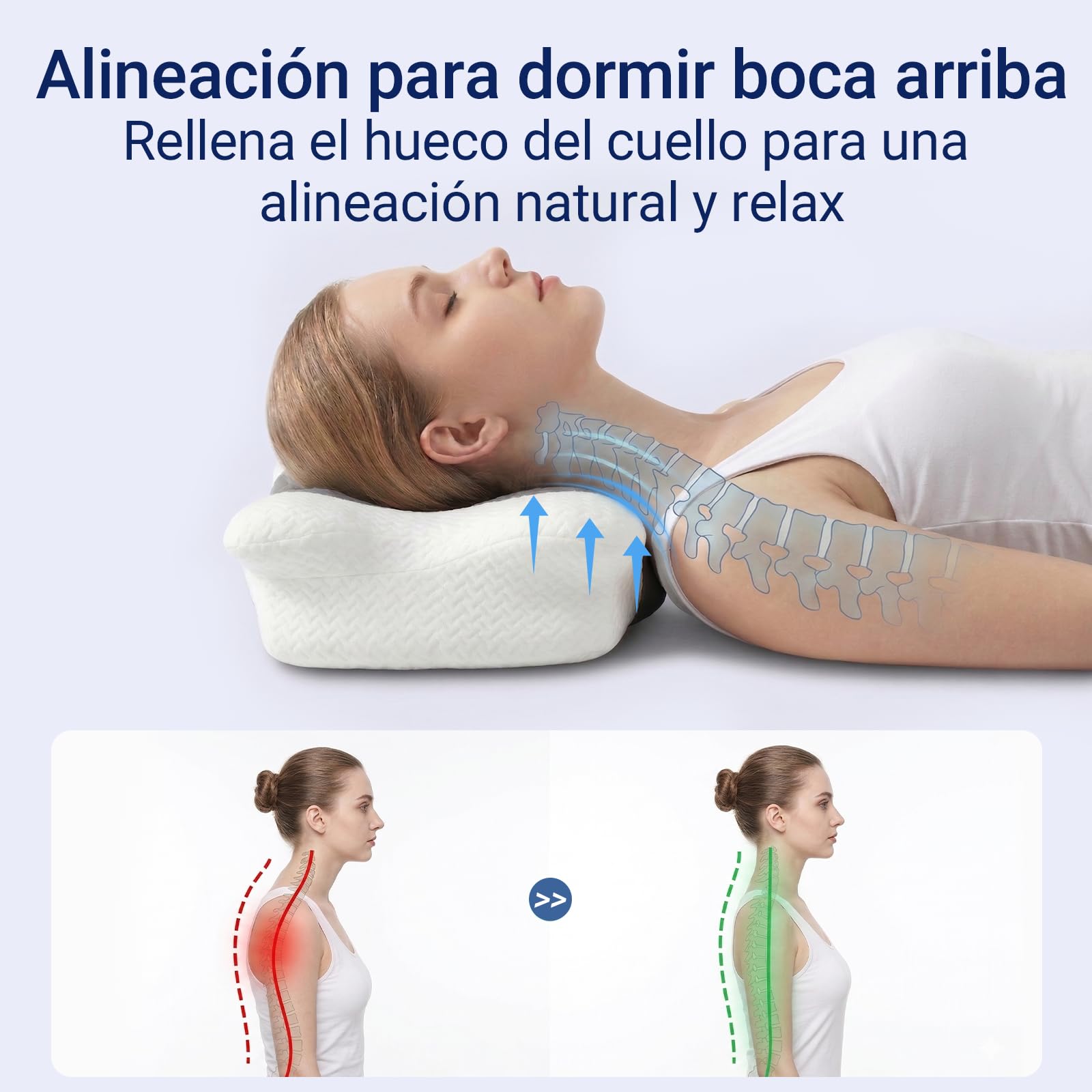 COSYLAND Almohada Cervicales y Cuello - Espuma Viscoelástica, Diseño Mariposa con Soporte Ergonómico y Transpirable, para Dormir de Lado, Boca Arriba y Boca Abajo, 60 x 40 x 10/13 cm
