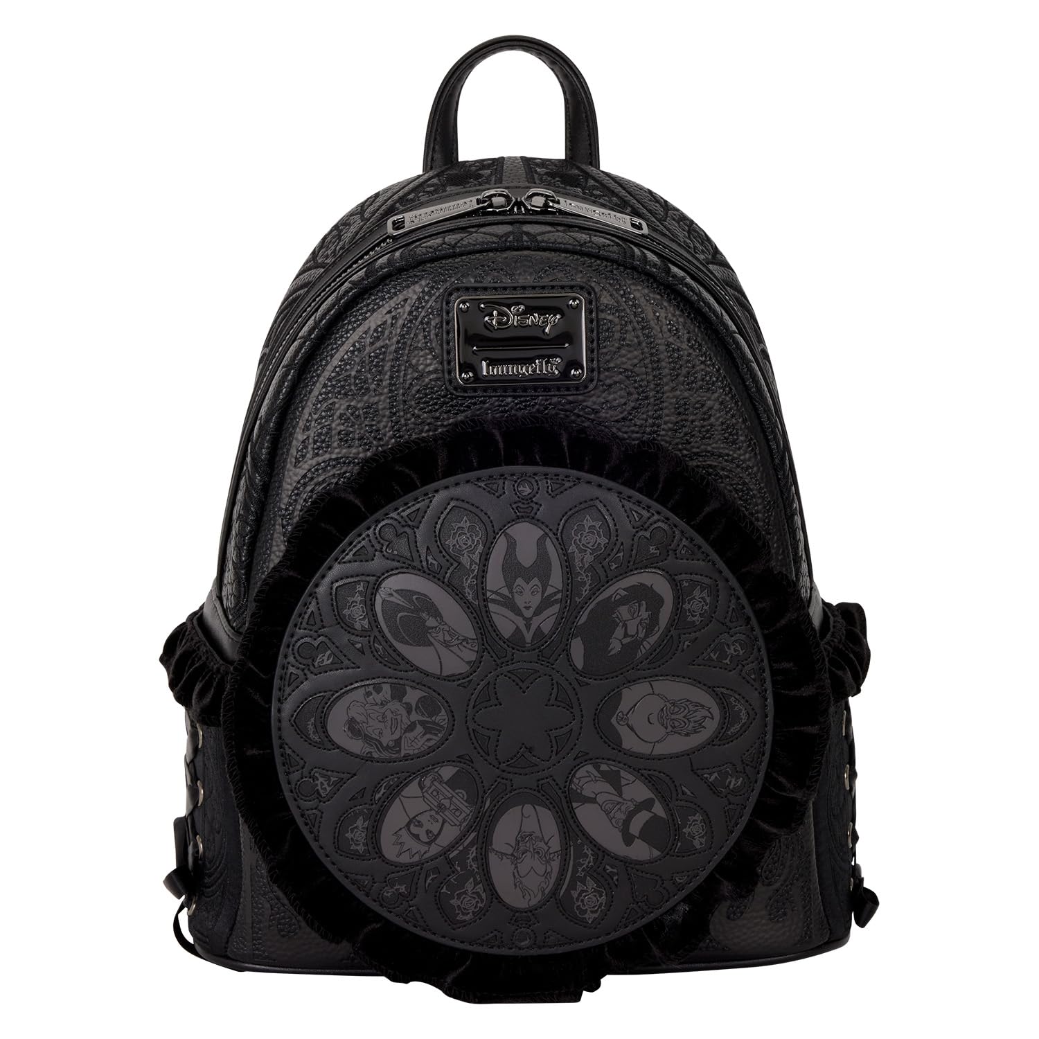 disney villains floral mini backpack Loungefly This mini backpack features some of your favorite Disney Villains in a stained glass window on the front of the bag Loungefly Disney Villains Roses Thorns