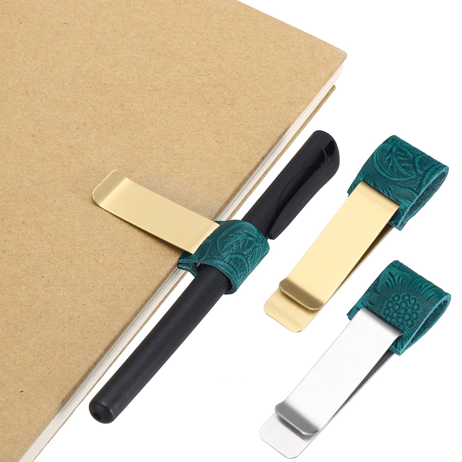 PATIKIL 2Pcs Pen Loop for Notebook, Brass Carved Leather Pencil Holder Pen Clip for Notebook Clipboards Pocket Office Traveler Journals Planner, Bright Blue/Brass/Bright Blue/Silver