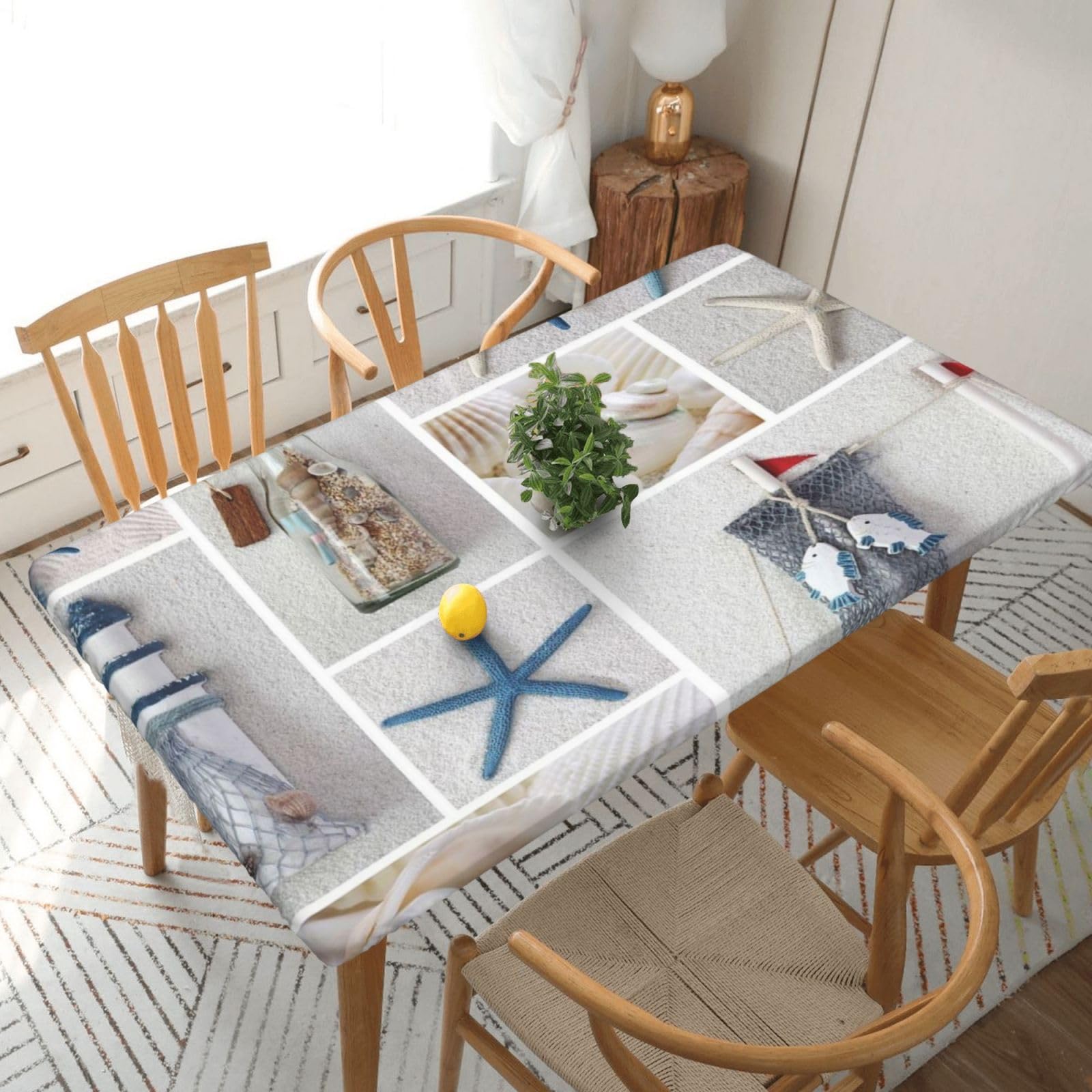 DCEHGEW Elastic Fitted Rectangle Tablecloth for 5ft Tables, Bottle Seashell Printed Oilproof & Washable Fabric Picnic Table Cloth Table Covers