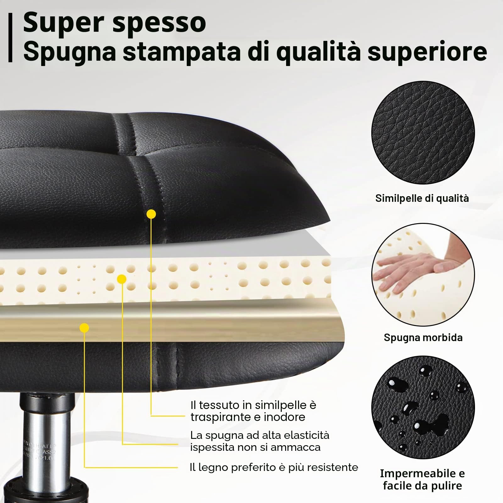 Sgabello quadrato con cuscino in PU con ruote regolabili in altezza sgabelli girevoli sedia nera