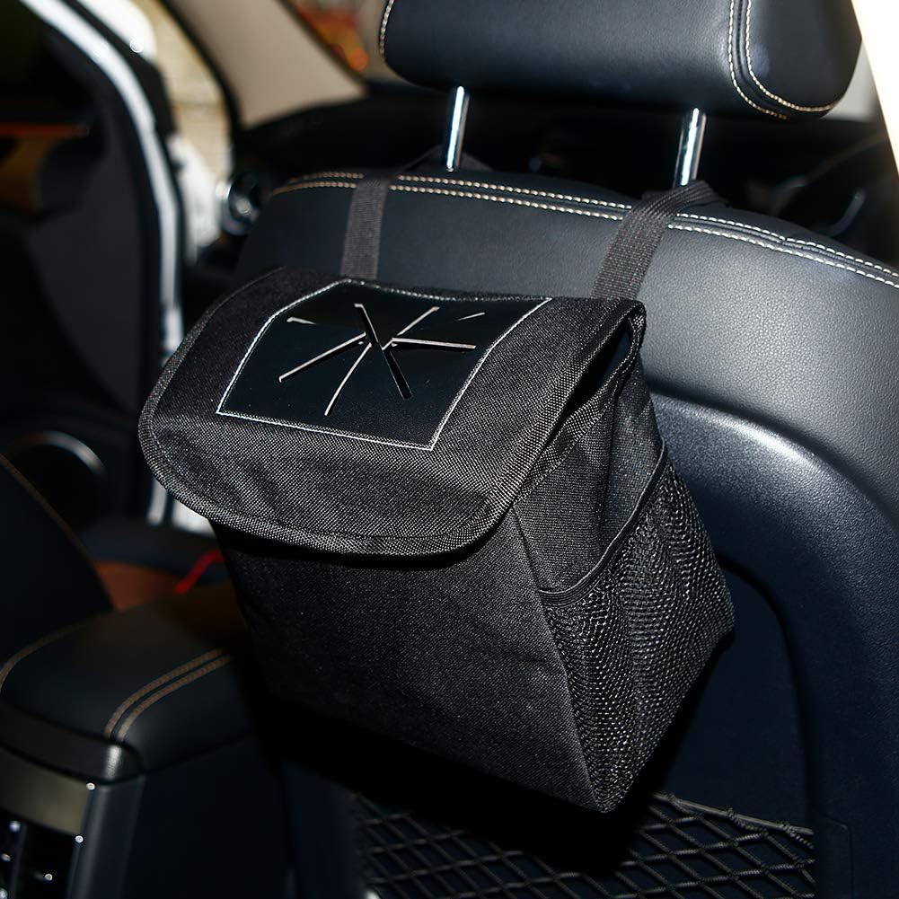 DYTesa Waterproof Collapsible Adjustable Strap Plastic Car Trash Can/Bag with Cover and Storage Pockets, (Black, 5 Pcs)