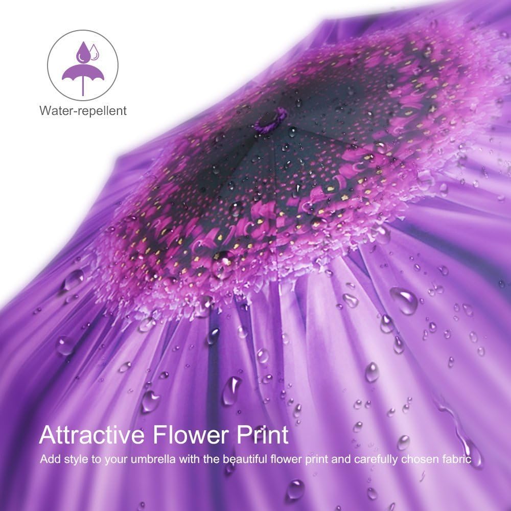 Plemo Automatic Umbrellas, Windproof Purple Daisy Design Compact Folding Umbrellas with Anti-Slip Rubberized Grip, for Business and Travels or Summer Gifts
