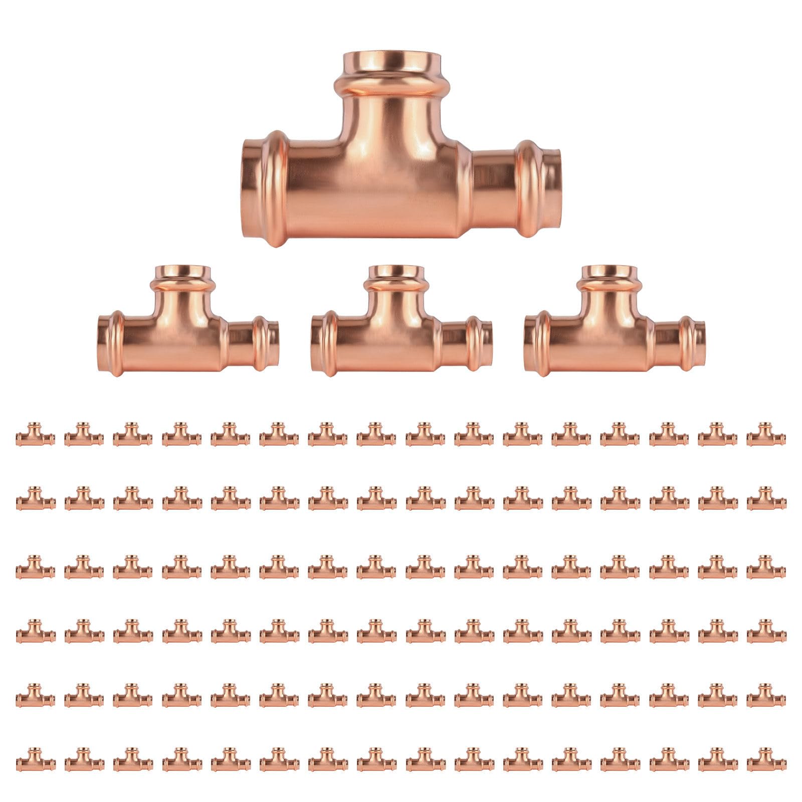 Paquete de 100 conectores en T reductores de cobre GUOFIS, 1-1/2" P x 1-1/4" P x 1-1/2", conector en T reductor de presión para plomería, conector de tres vías para derivación de transición de tamañ