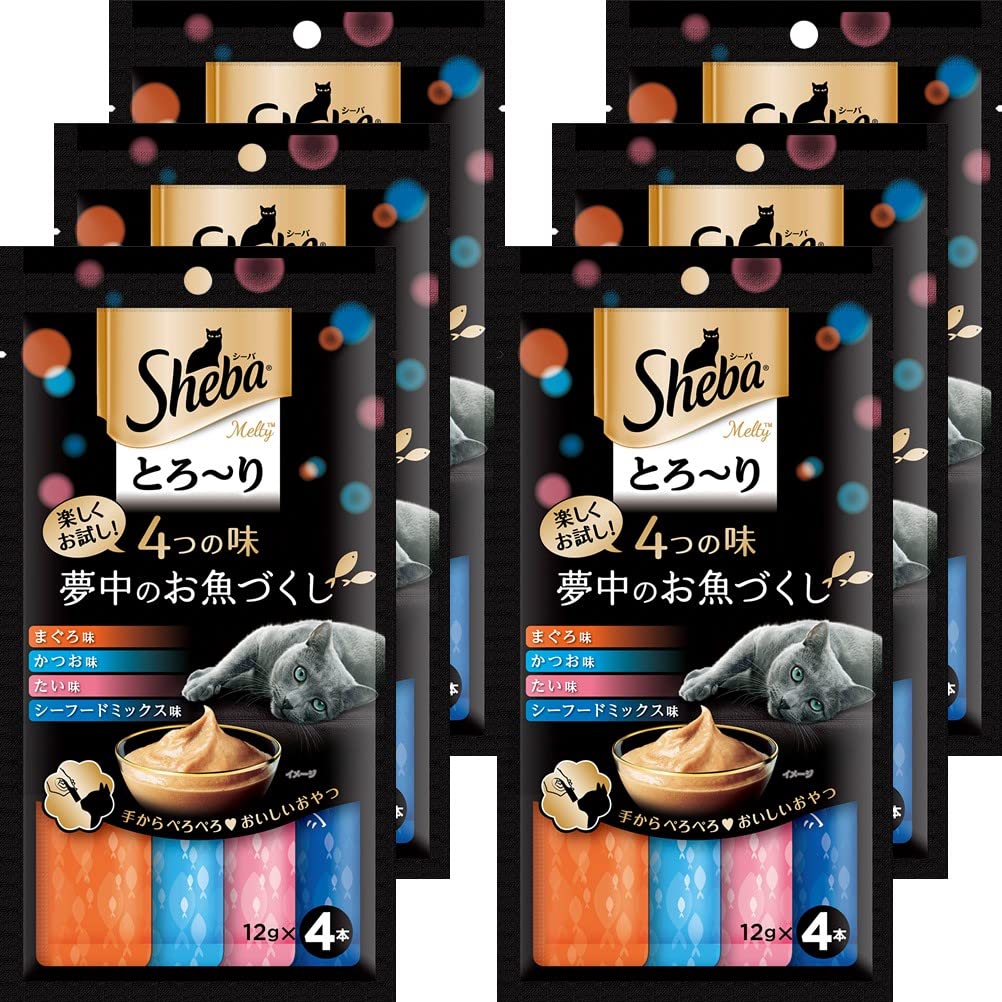 Sheba Melty Melty Treats for Adult Cats, 4 Flavors, Enjoyed Fish, 0.4 oz (12 g) x 24 Packs (4 Packs x 6 Packs per Pack), Cat Food, Cat Food, Sheba Melty