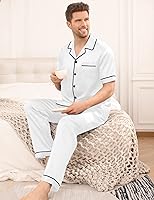 Vista 5 de SWOMOG Mens Satin Pajama Set Short Sleeve Classic Sleepwear Button Down Silky Loungewear with Long Pants
