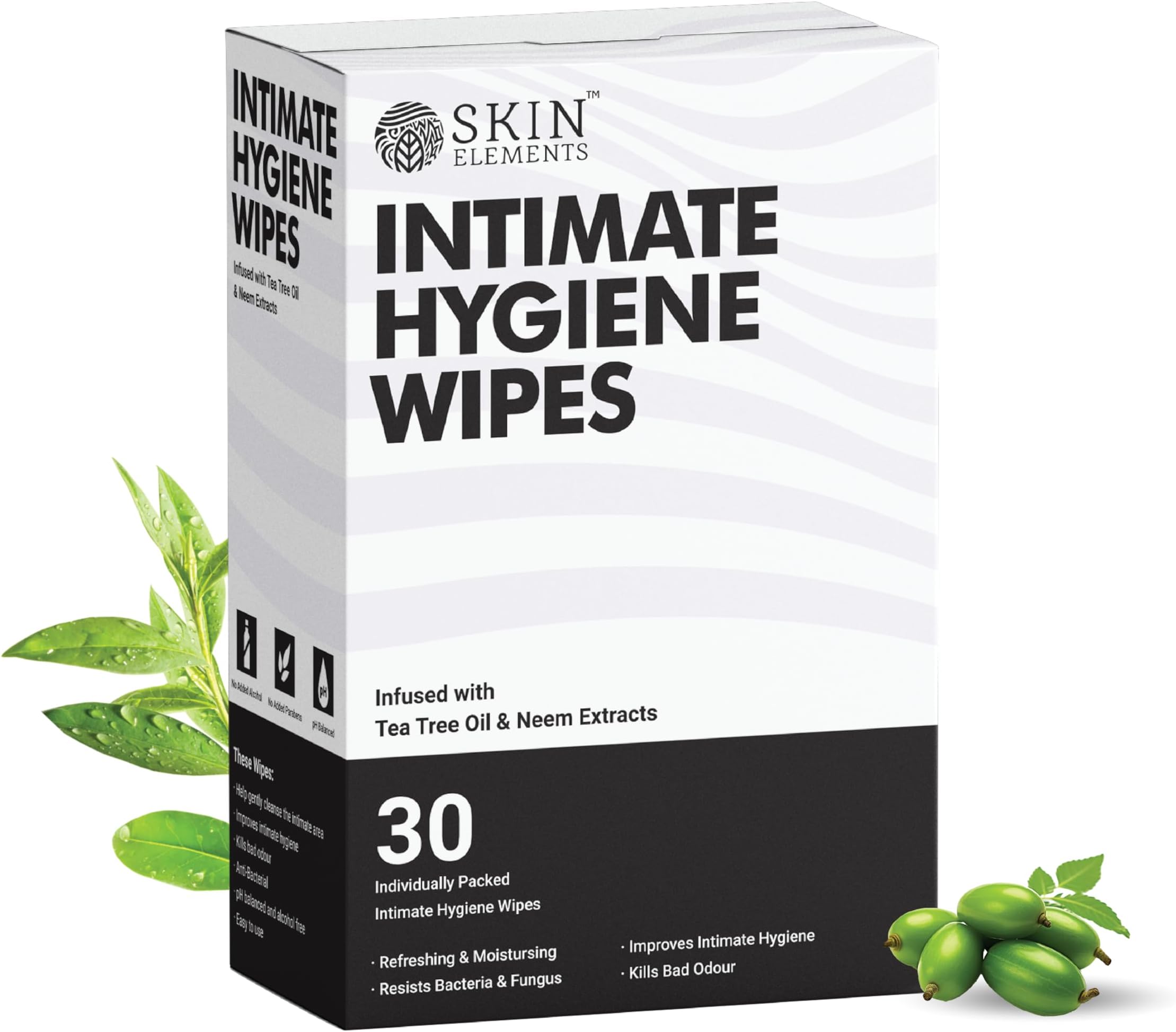 Skin Elements Intimate Hygiene Wipes pH Balanced Wipes With Tea Tree Oil Avoids Itching And Bad Odor Pack Of 30 Individually Wrapped Wipes