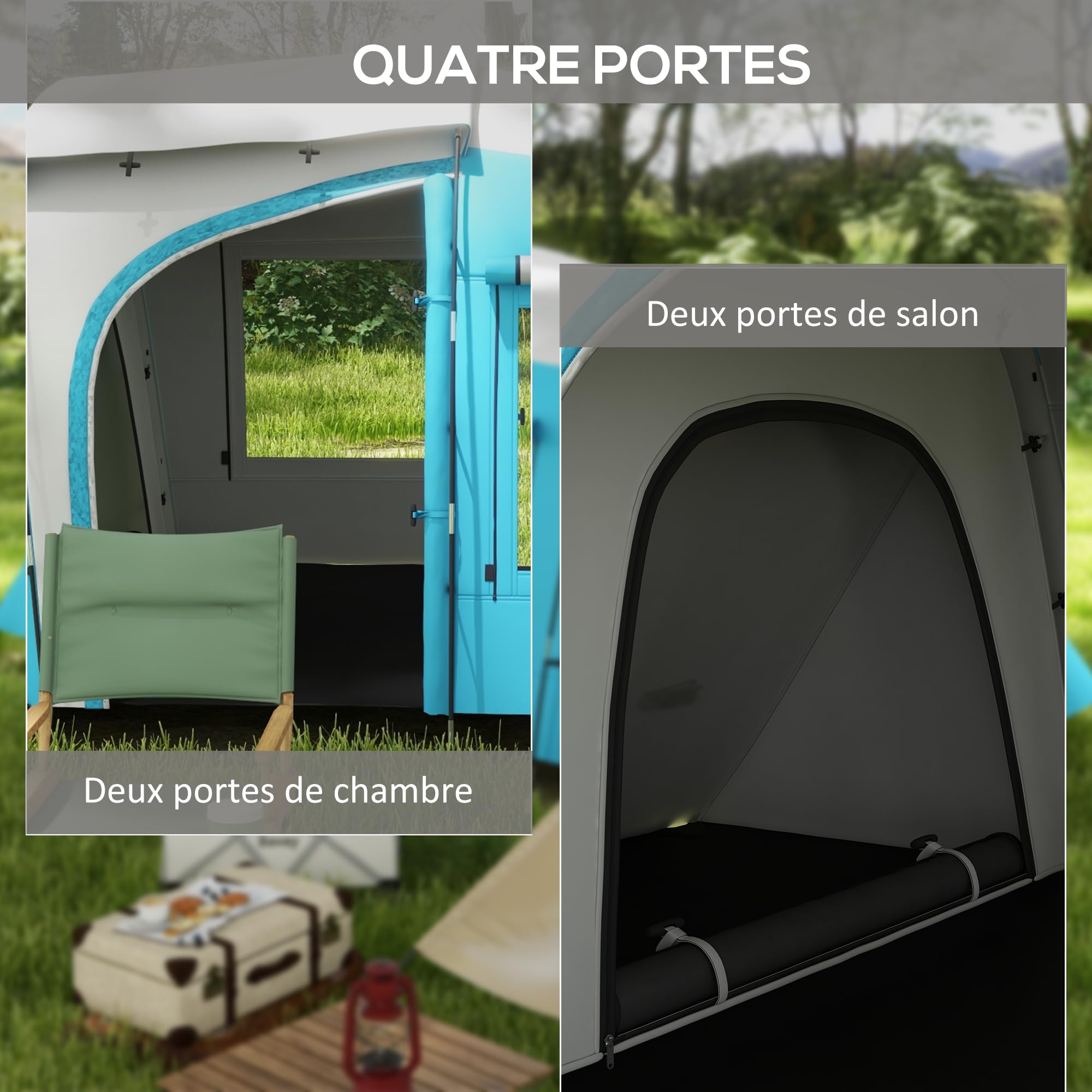 Outsunny Tente de Camping familiale pour 3-4 Personnes, Tente Tunnel avec 2 Chambres, 4 Portes et 4 fenêtres, Sac de Transport, imperméable, 460 x 220 x 175 cm, Bleu