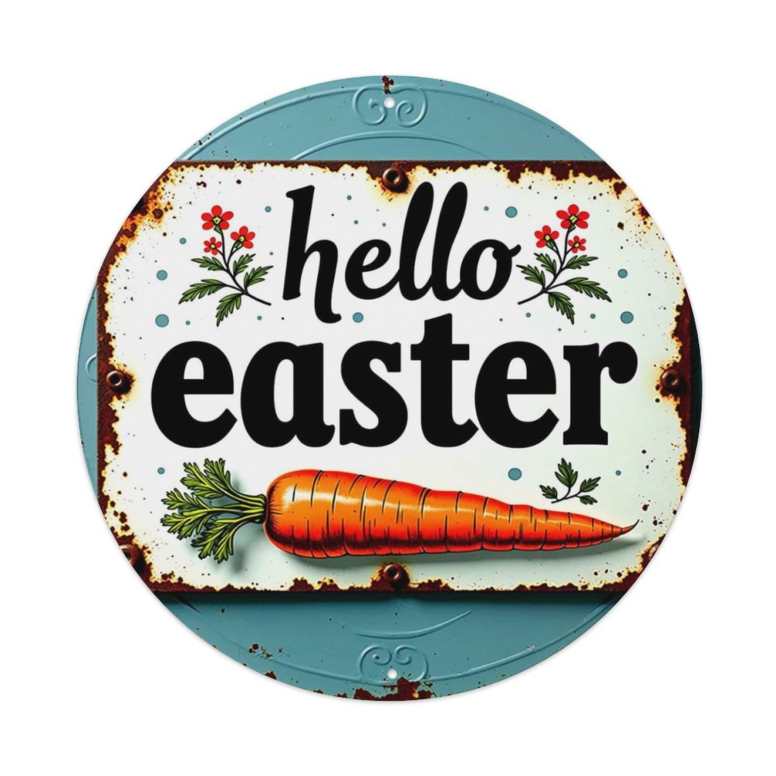 Hello Easter Carrot Floral Design Tin Sign Metal Poster Vintage Metal Signs for Home Man Cave Bar Cafe Kitchen laundry room Wall Decorations 8x8 inches
