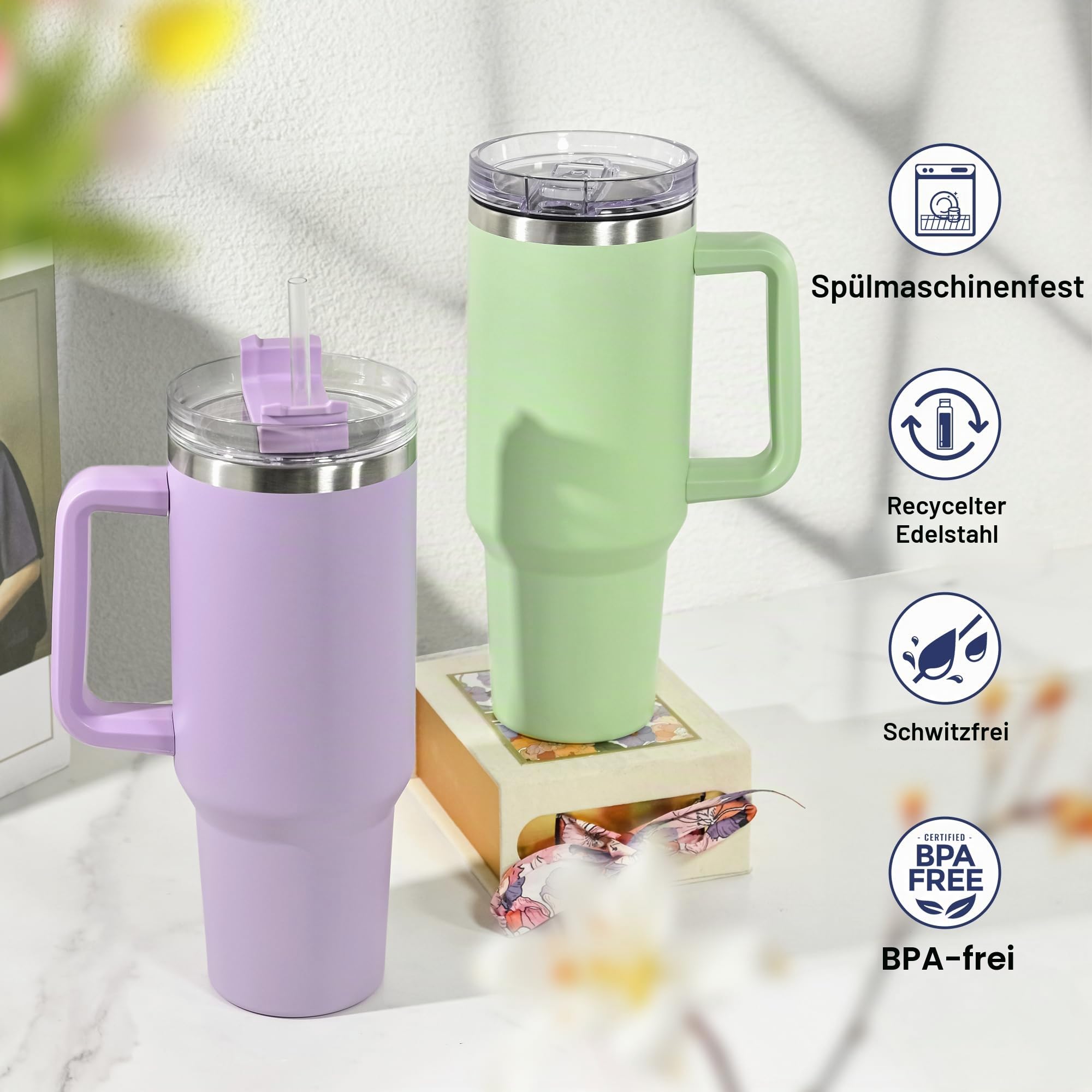 Thermobecher mit Henkel und 2 Strohhalm-Deckeln 1,2L, Marineblau