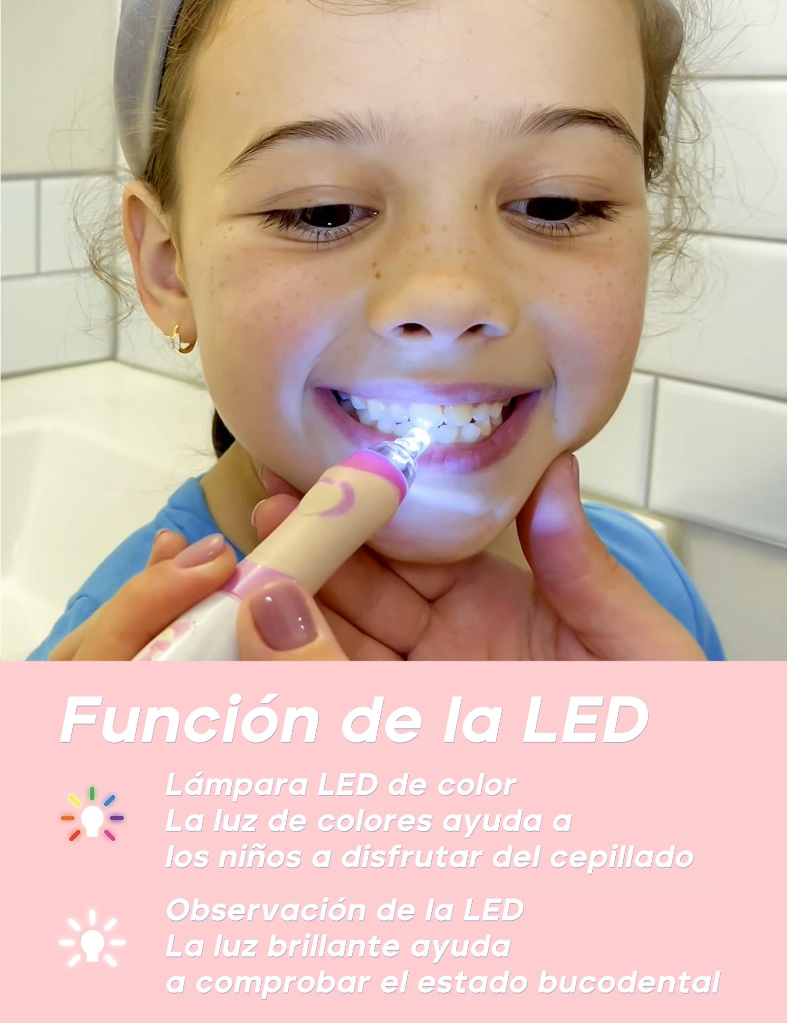 Seago SG977 Cepillo Eléctrico Infantil - 24.000 Vibraciones con Luz LED, 4 Cabezales de recambio extra suaves, Temporizador de 2 minutos, IPX7 Impermeable para Niños de 3 Años en adelante - Rosa