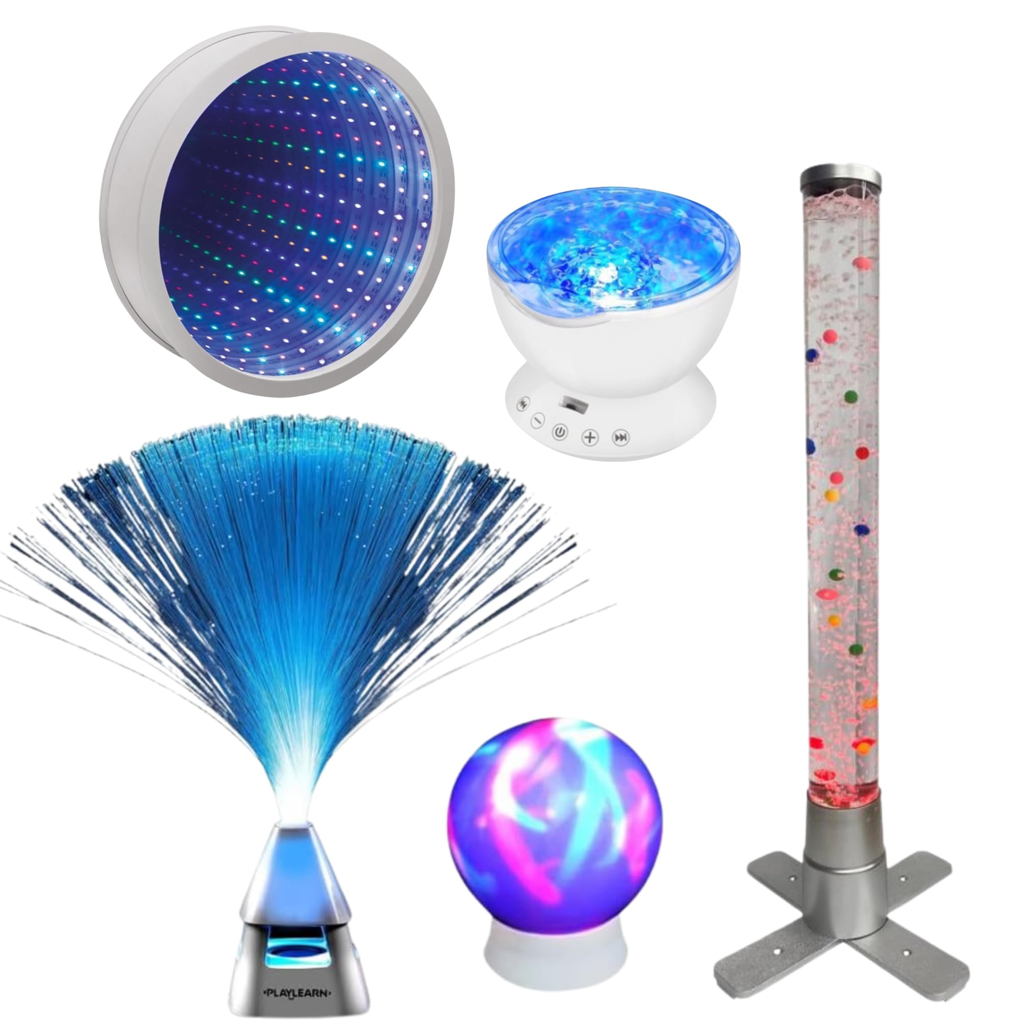 Playlearn Sensory Light 60cm Table Top Bead Bubble Tube, 23cm Infinity Mirror Calming Visual Effect, Ocean Wave Projector,Fibre Optic Lamp with Wireless Speaker,17cm Light Up Mood Sphere