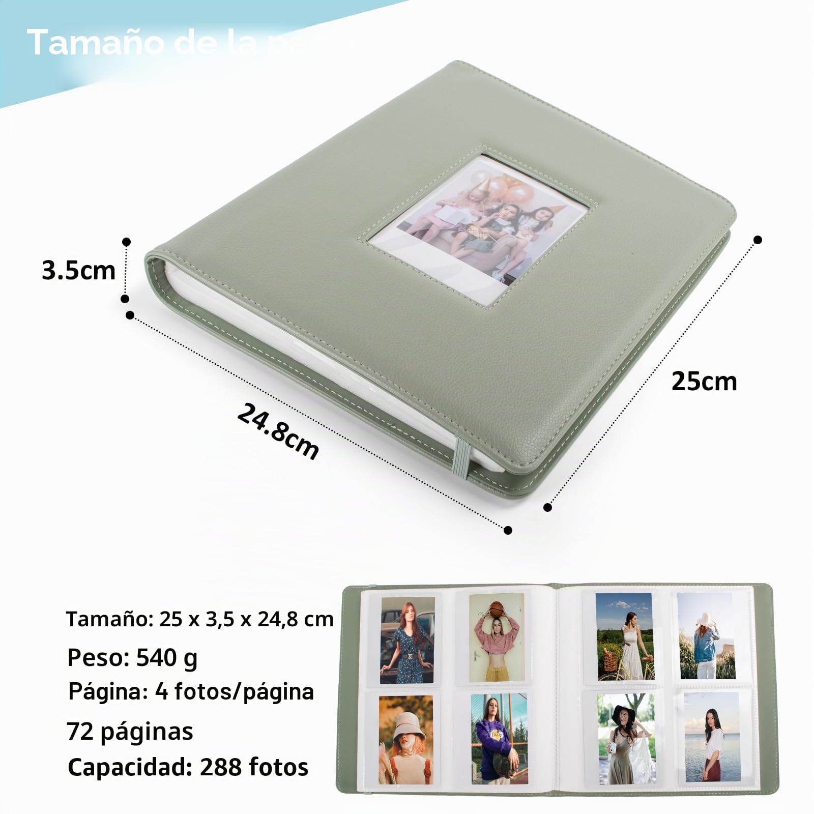 MUZIRI KINOKOO Álbum de Fotos de 288 Bolsillos para Instax Wide EVO/400/300/210/Link WIDE, Álbum de Cuero PU, Álbum de Fotos Recuerdo de Colección de Películas de 4.25 x 3.4 Pulgadas - Verde