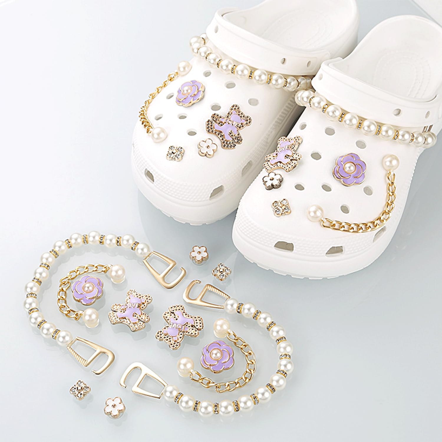 LEMONSTONE Crocs Charms Pins zestaw 12 sztuk, zdejmowane, urocze przypinki do butów z kwiatem, perłą, miś dla dzieci, dziewcząt i kobiet, błyszczące przypinki Croc (fioletowe)