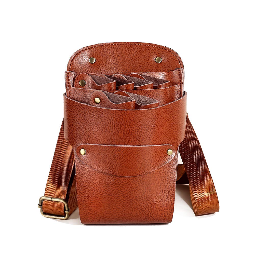 Hairdressing Belt Bag, aolaso Real Soft Leather Salon Barber Hairdressing Scissor Holster Pouch Adjustable Shoulder Strap, Haircut Hairdresser Tools Bag Belt for Combs, Shears, Clips (Brown)