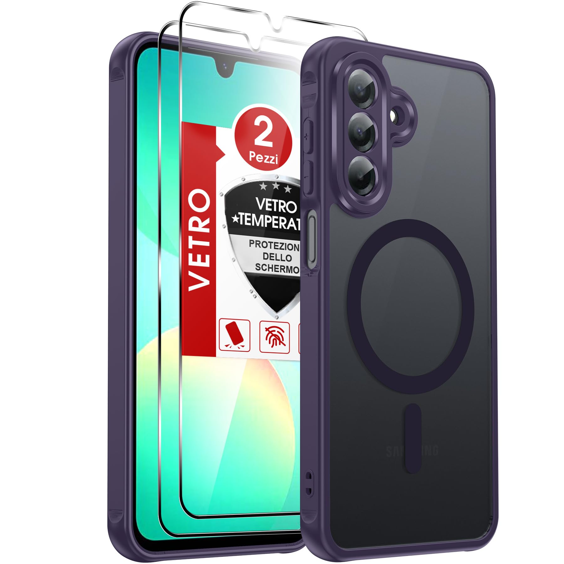 LeYi Cover Magnetica per Samsung A26 5G con 2 Pezzi Vetro Temperato, Custodia per Galaxy A 26 Traslucida Opaca Anti-Impronte Resistente ai Graffi Paraurti in TPU Antiurto Protettiva Case, Viola
