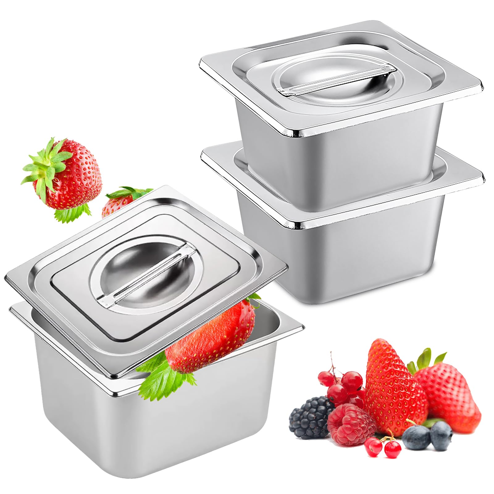 Lot de 3 plats à panure en acier inoxydable avec couvercle, 17,5 x 16,6 x 10 cm, récipient en acier inoxydable avec couvercle, pour restauration, cuisine, buffet, idéal pour servir du poisson/poulet