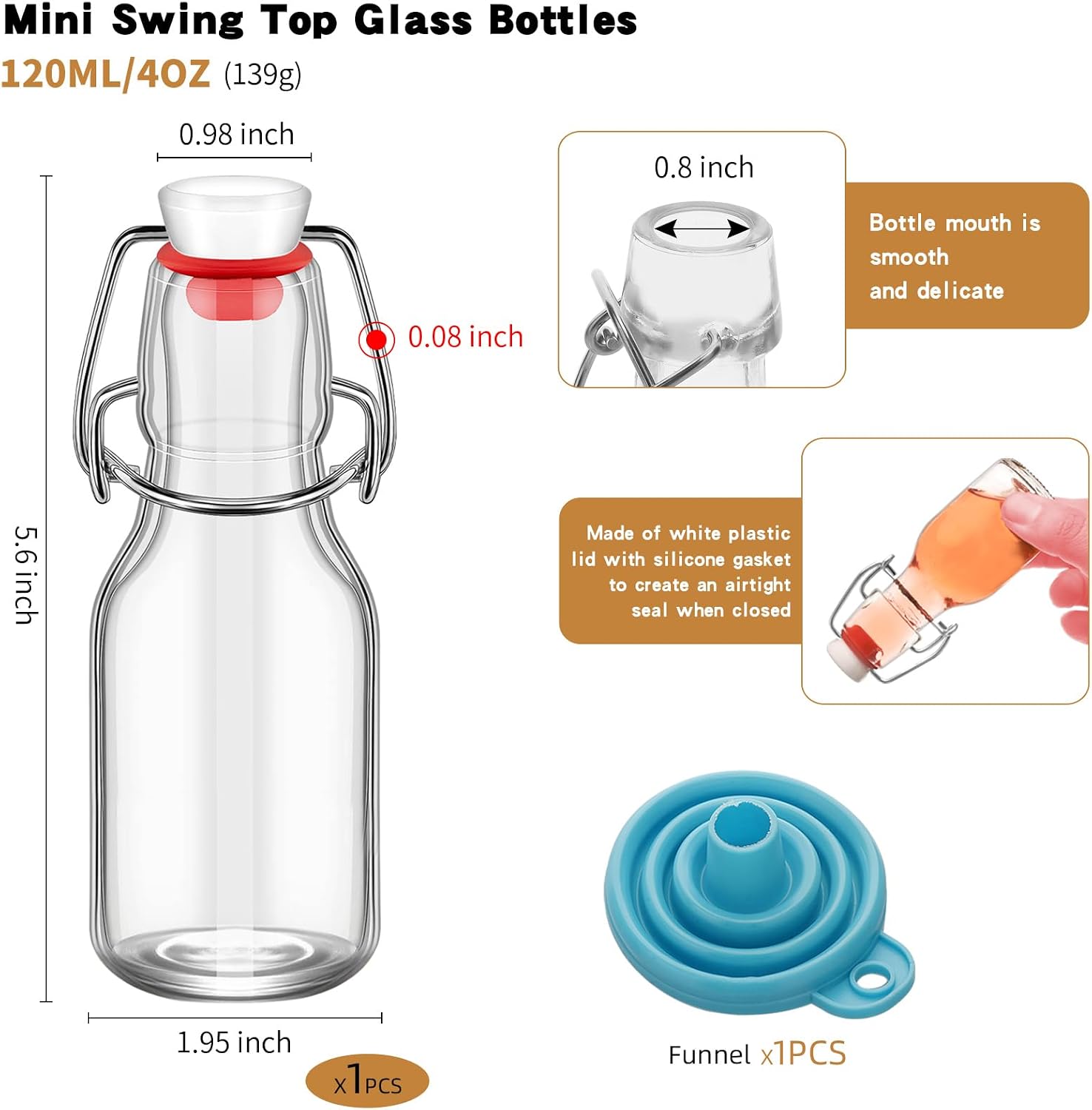 1Pc Flip Top Glass Bottles 4 oz with Caps Beer Bottles Clear Swing Top Glass Bottles Vinegar Kombucha Bottles with Stoppers Airtight Lids for Wedding Themed Baby Shower (1, PC, Round, 4, ounces)