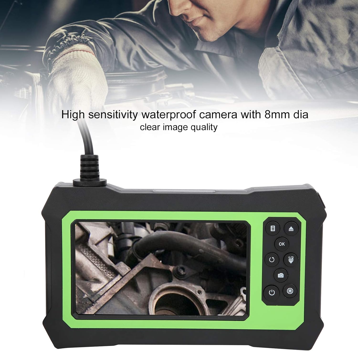 XWXLIJV inspection camera monitor displaying a live view of an engine component