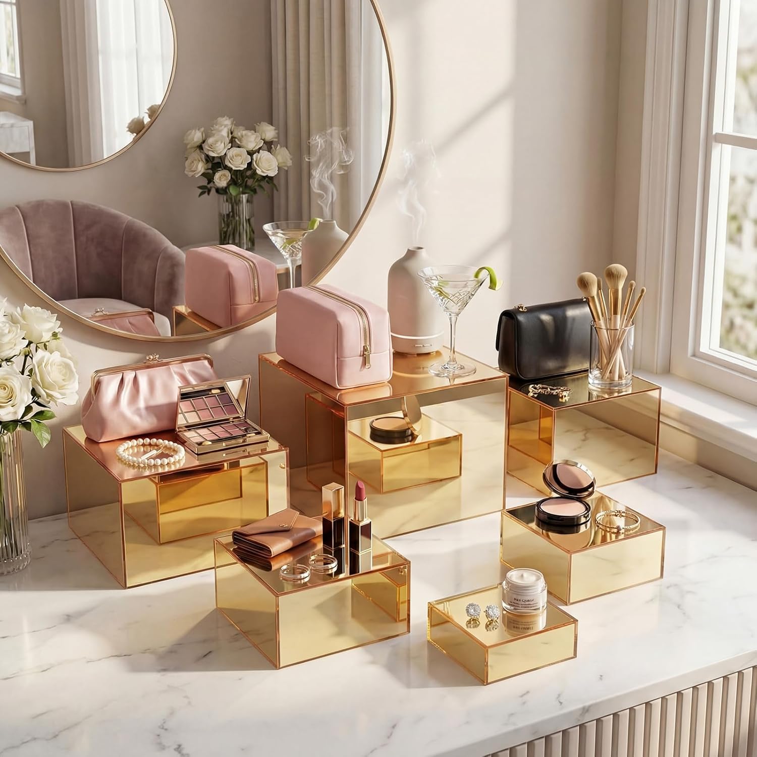 Geelin 6 Pack Acrylic Risers for Display Acrylic Cube Boxes Risers Display Stands with Hollow Bottoms Decorative Stand for Jewelry Candy Table Decor 6 Sizes(Gold,3 to 8 Inch,Square)