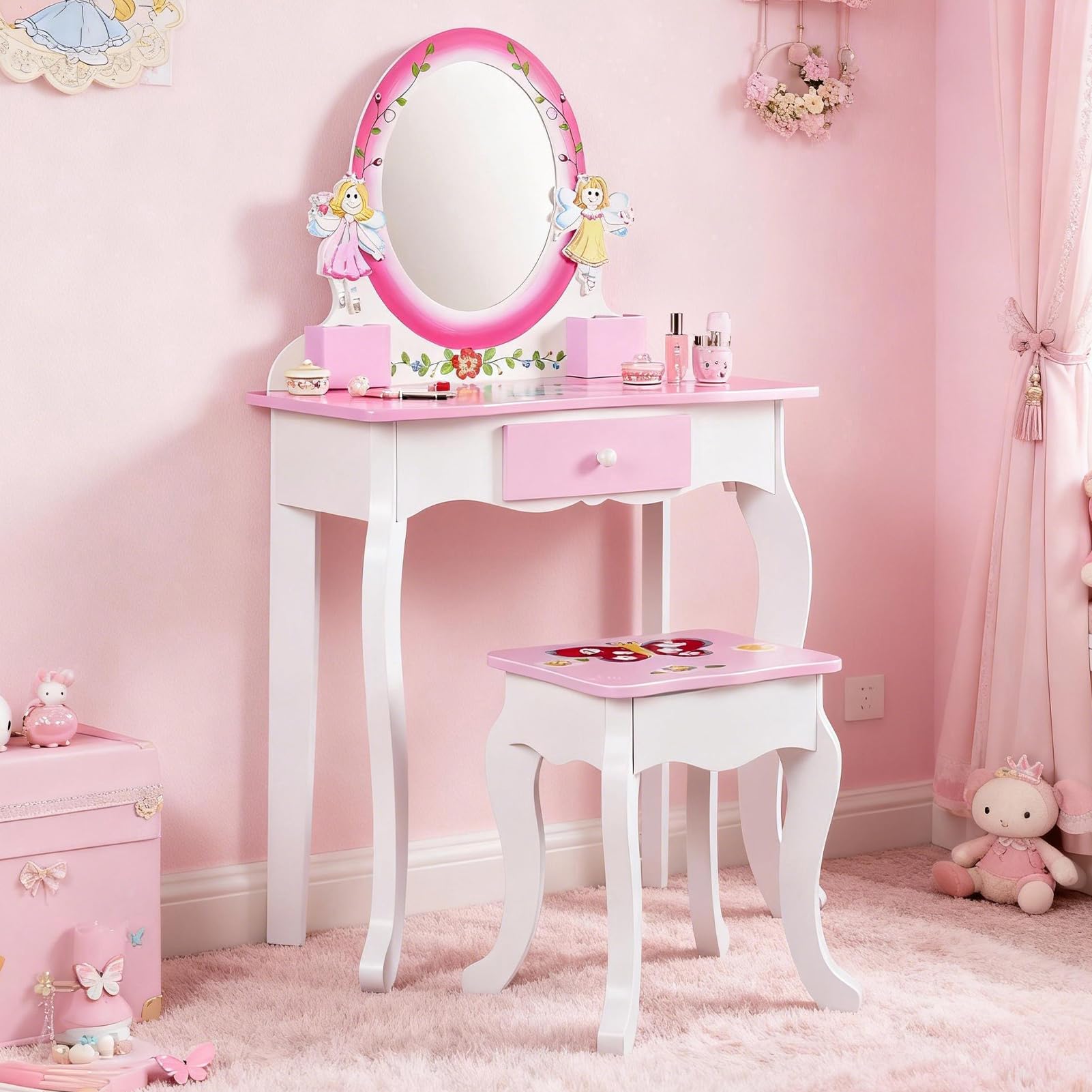 EVLIQUIL Wooden Vanity Set for Kids with Mirror and Stool, Flower & Butterfly-Themed Makeup Dressing Table and Chair for Girls, with Pull-Out Drawer