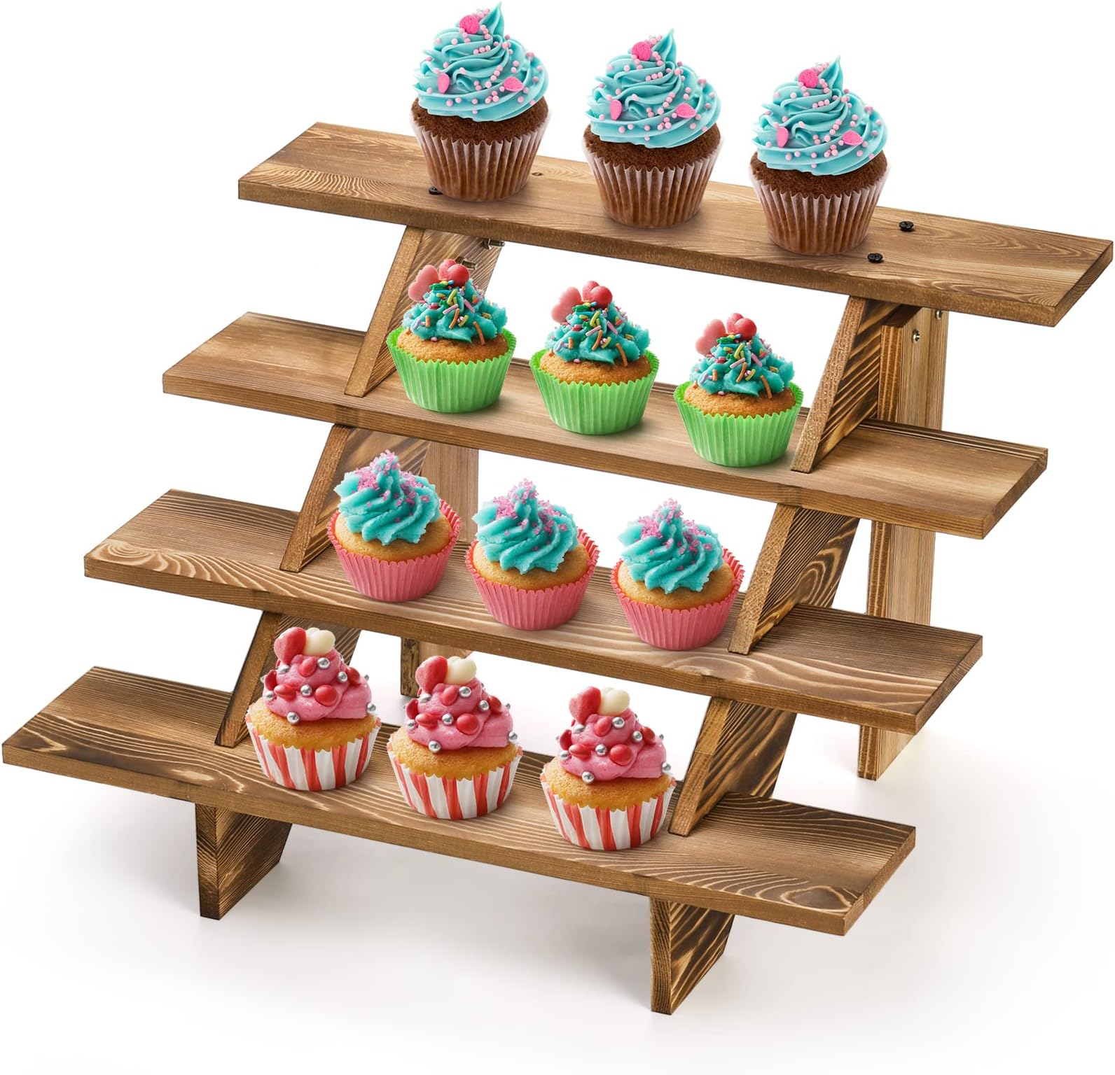 Hacaroa 4 Tier Wood Cupcake Stand, Rustic Retail Stair Shelf Cascading Display Riser, Decorative Farmhouse Dessert Stand for Tabletop, Vendors, Retail Stores