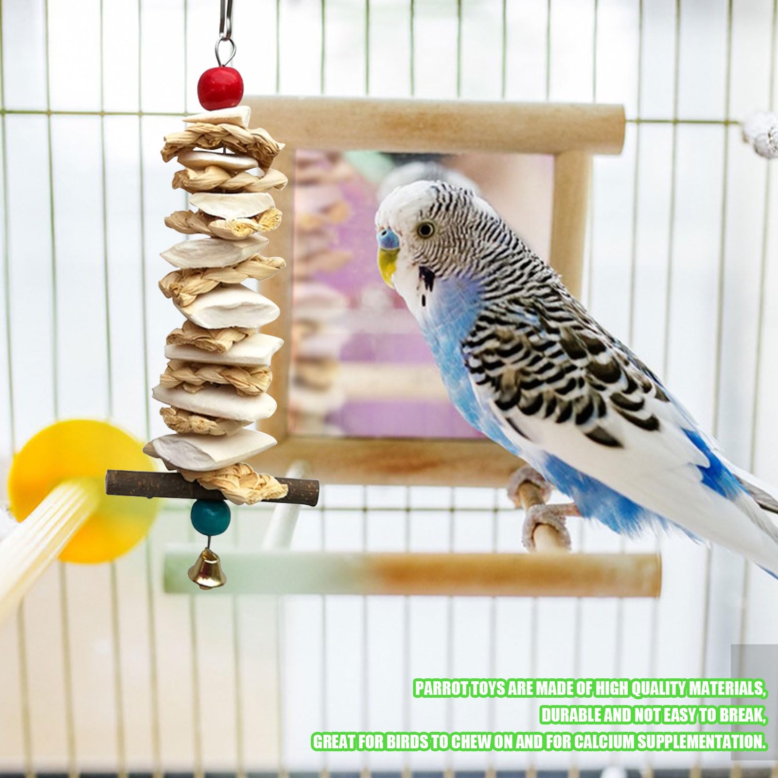 Cuttlefish Bone Budgie Toys,1PC Grass Cuttlefish Corn Parrot Teeth Grinding Chew Treats Toy with Bell,Calcium Supplement Bird Chewing Toys for Parakeets Cockatiels Conures Budgies Lovebirds (B) - Image 3