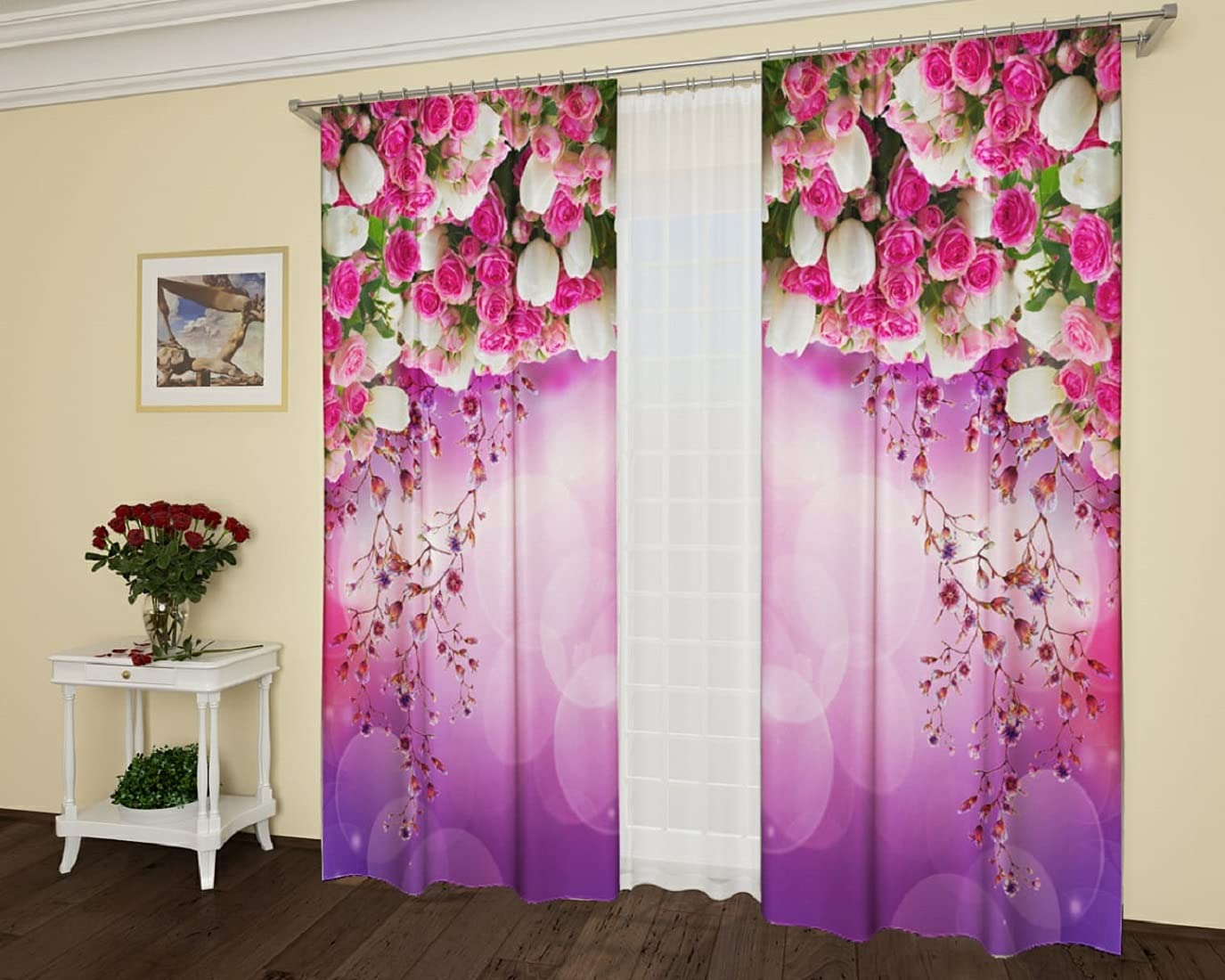 FASHION POINTFASHION POINT 3D Flowers Digital Printed Polyester Fabric Curtains for Bed Room Kids Room Living Room Color Pink Window/Door/Long Door (D.N.249) (4 x 9 Feet (size: 48 x 108 Inch) Long Door, 2)