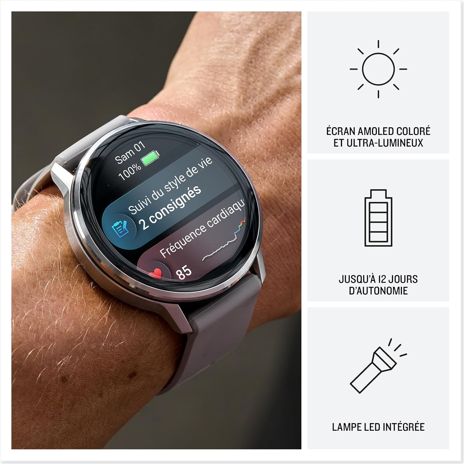 Garmin Venu 4 - Montre GPS connectée forme et santé avec écran Ultra-Lumineux et coloré, Lampe LED intégrée et Fonctions connectée - Noir et Silver avec Bracelet Gris - Boîtier 45 mm — image 3