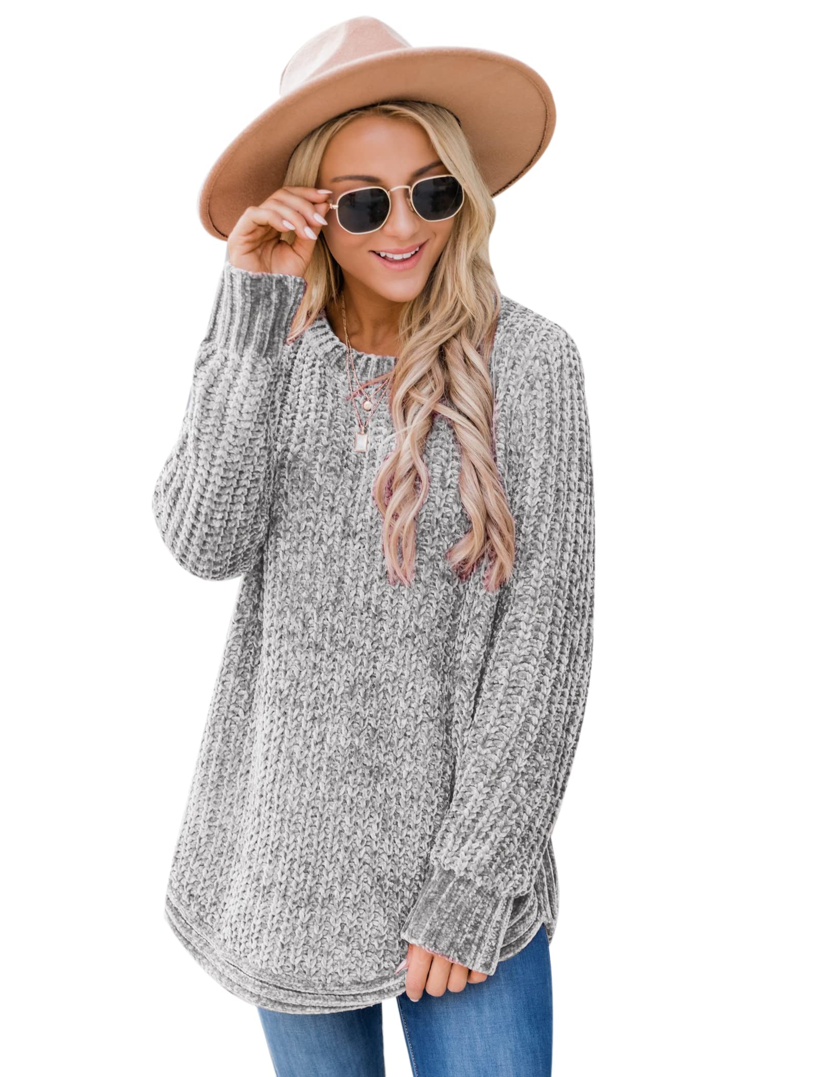 Chigant Chenille Sweaters for Women Long Sleeve Pullover Jumper Round Neck Jumper Tops S-XXL
