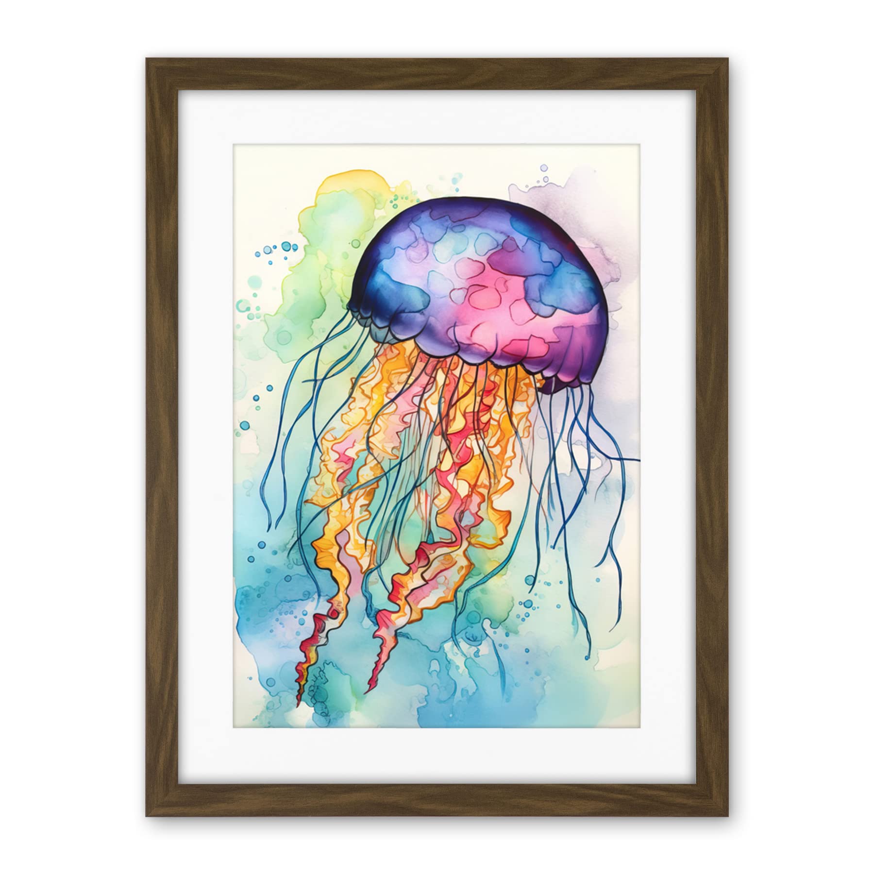 Artery8 Jellyfish Swimming Folk Art Watercolour Painting Artwork Framed Wall Art Print 18X24 Inch