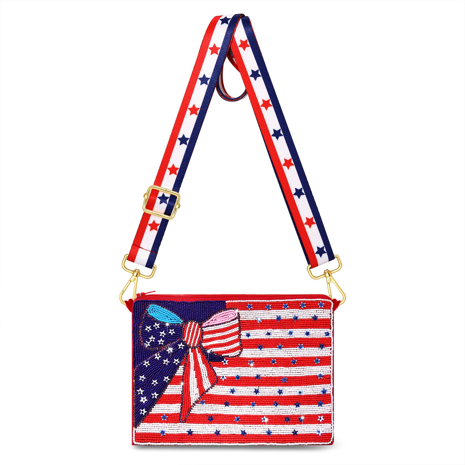 YAHPERN 4th of July Purse for Women Beaded Crossbody Purse American Flag Star Patriotic Shoulder Bag 4th of July Outfits Gift