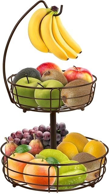 Fruit Racks, 2-Tier Fruit Basket with Banana Hanger Detachable Fruit Bowls for Kitchen Countertop Metal Wire Storage Basket for Storing & Organizing Fruit Vegetables Snacks Bread (Bronze)