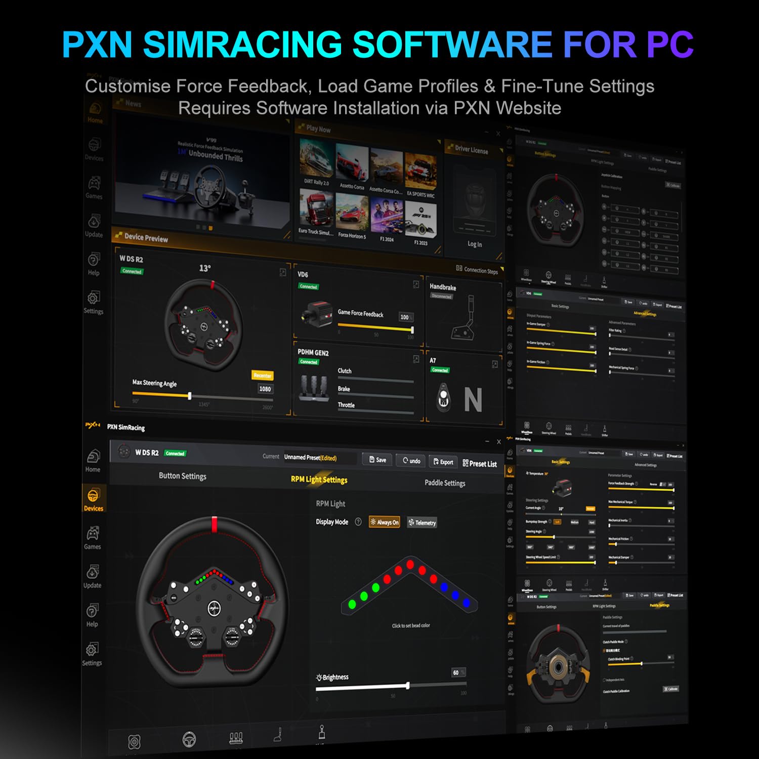 PXN W DS R2 Volante da Corsa – Compatibile con basi Direct Drive VD6 e VD10 – Rilascio rapido, 4 palette, indicatore RGB, pelle in microfibra – 30 cm corona piatta