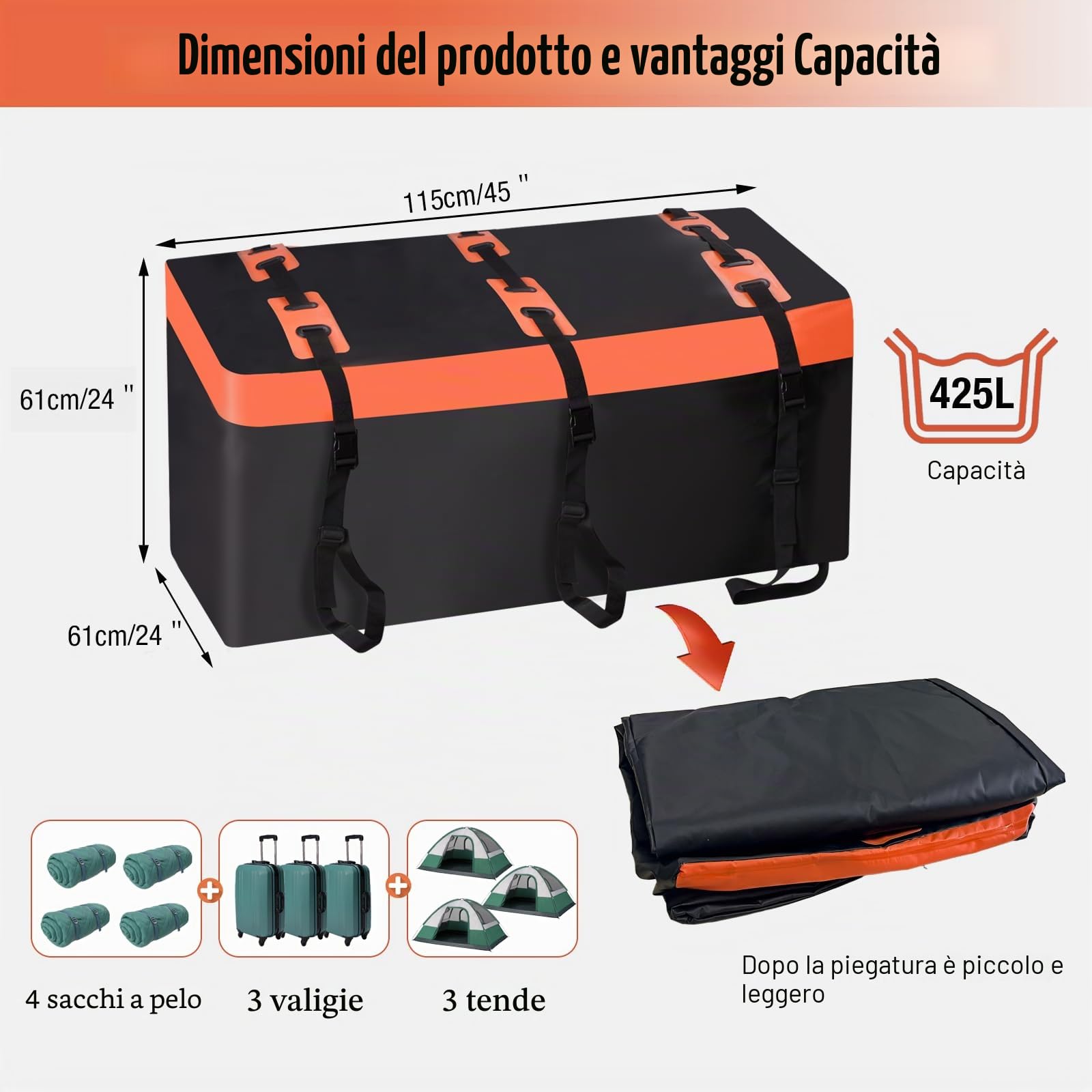 Bauletto per traino 115 x 61 x 61 cm, 425 litri 600D PVC Car Cargo Trasportino impermeabile e anti-strappo Bauletto pieghevole per bagagli