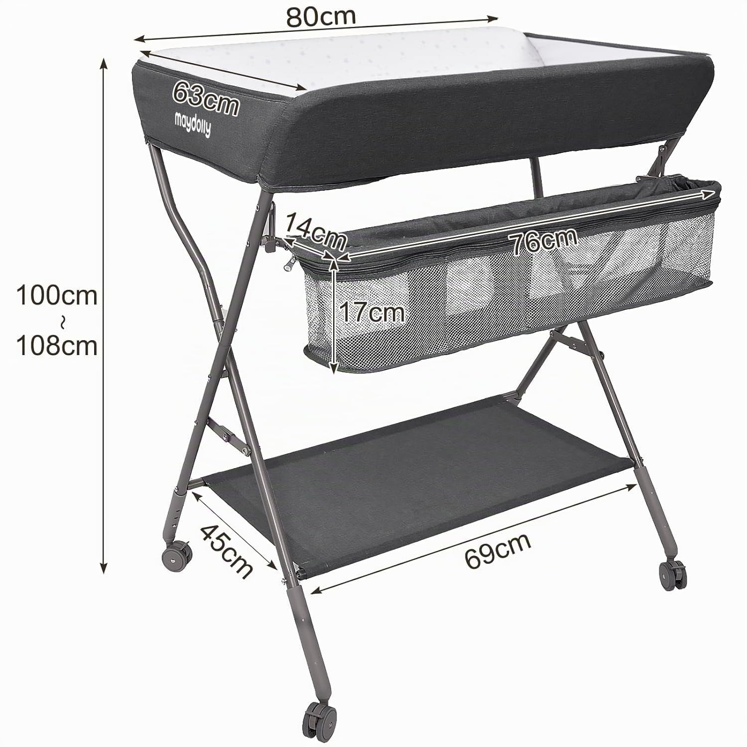 Maydolly Table à langer pour bébé avec roues, station à langer pliante portable à hauteur réglable avec organiseur de pépinière et support de rangement pour nouveau-né et nourrisson (gris foncé)
