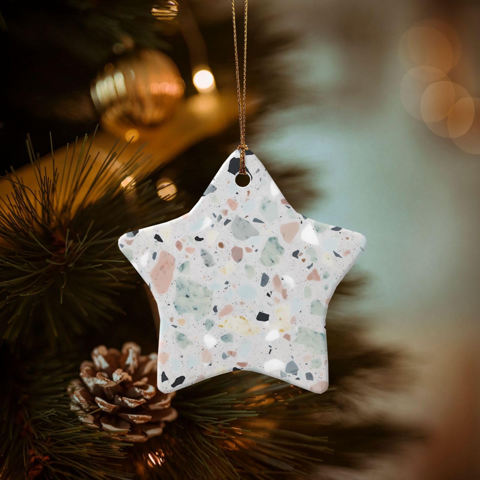 Christmas Ornaments for Christmas Tree Decoration Hanging Terrazzo Marble Pastel Ornament with Gold Ribbon Crafts Star Shape Ceramic Pendant for Keepsake Gifts Xmas Decor Party Supplies