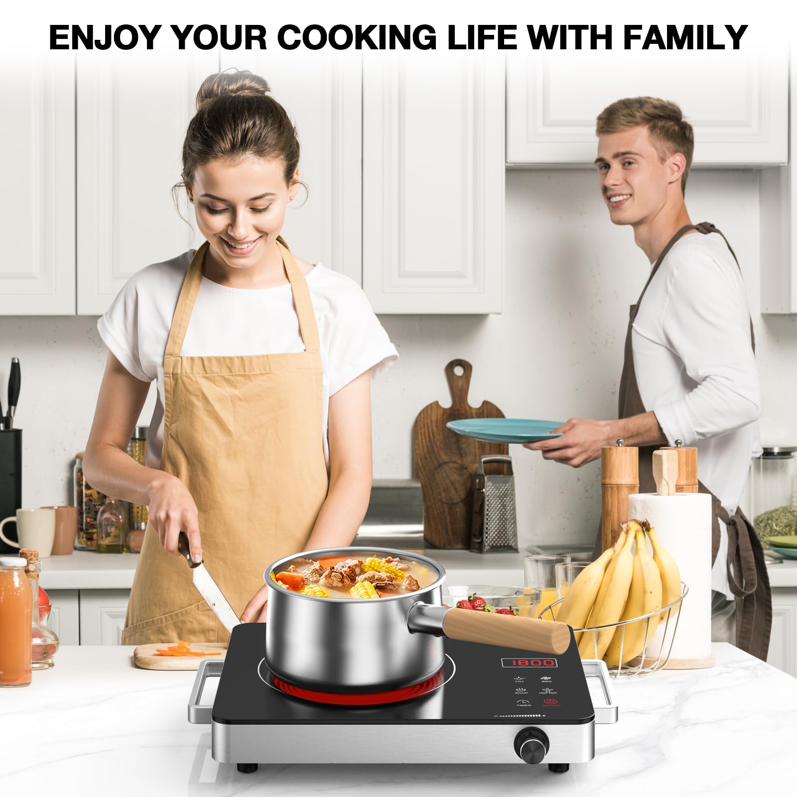 Cocina eléctrica, estufa eléctrica portátil de 1800 W con enchufe, encimera de placa caliente, quemador infrarrojo de 110 V-120 V, bloqueo de seguridad para niños, temporizador, control táctil y 8