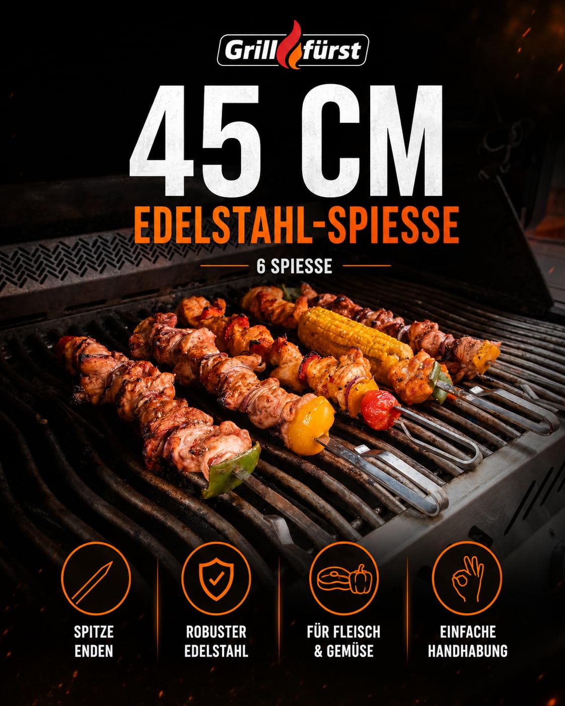 Grillfürst Juego de brochetas universales para brochetas y asadores, incluye 6 brochetas para shish kebab, giroscopios o kebab, longitud total: 45 cm